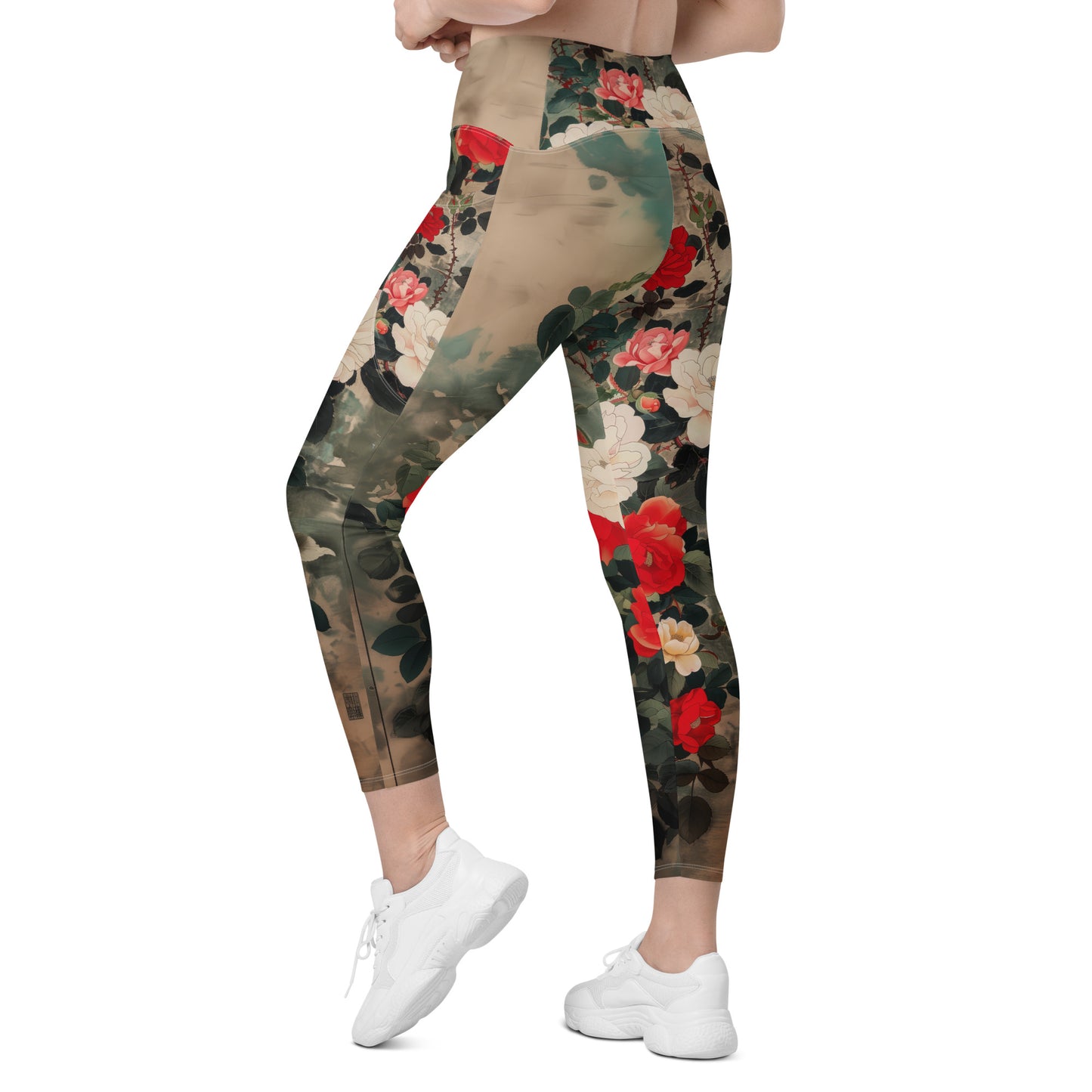 Red and White Roses - Crossover leggings with pockets