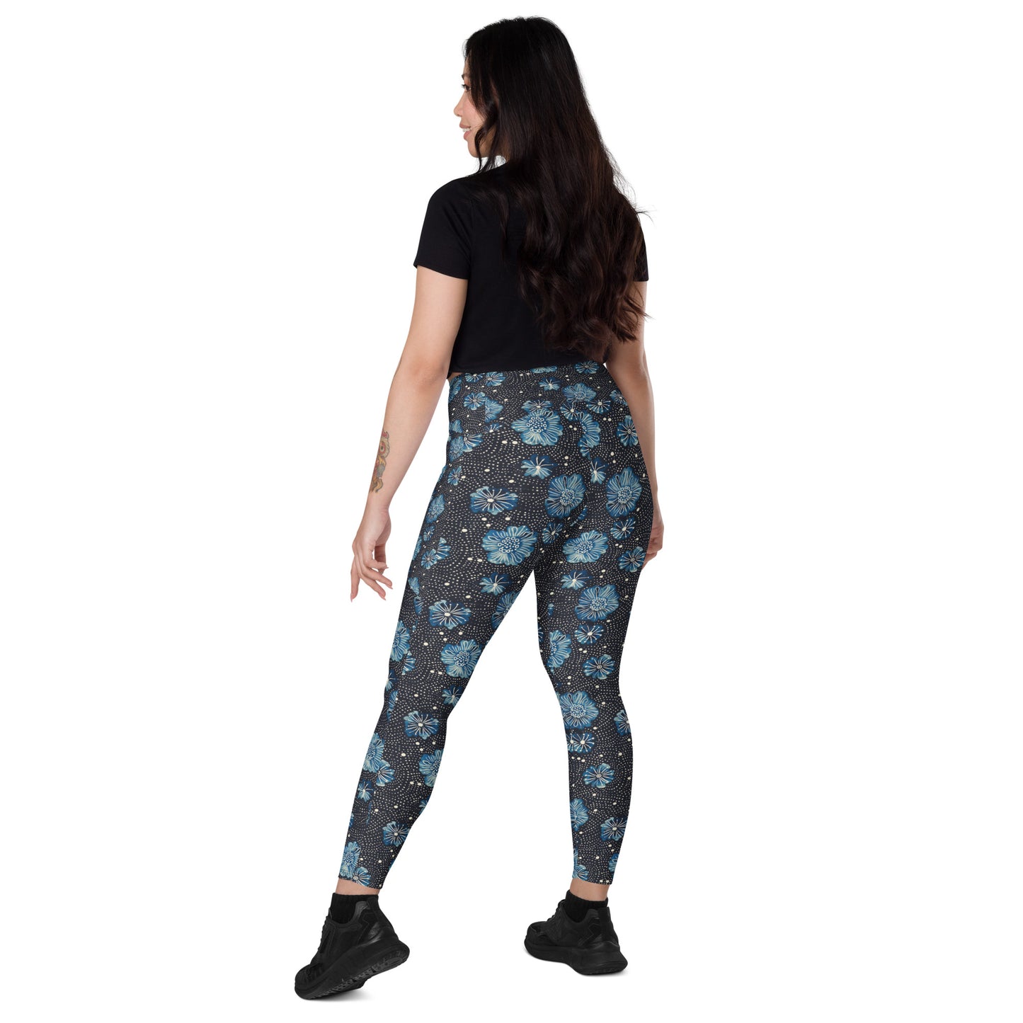 Aqua Florettes on Navy - Crossover leggings with pockets