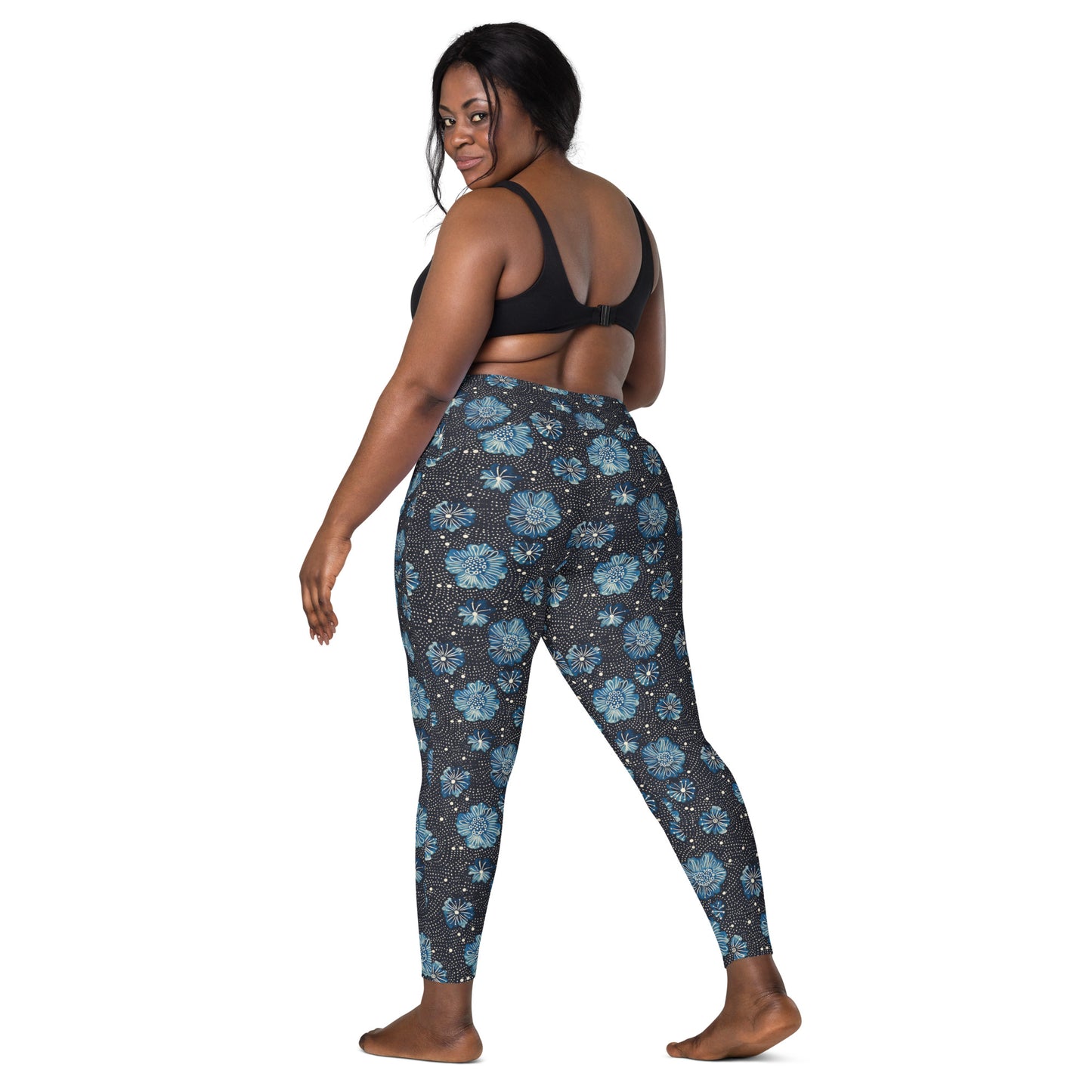 Aqua Florettes on Navy - Crossover leggings with pockets