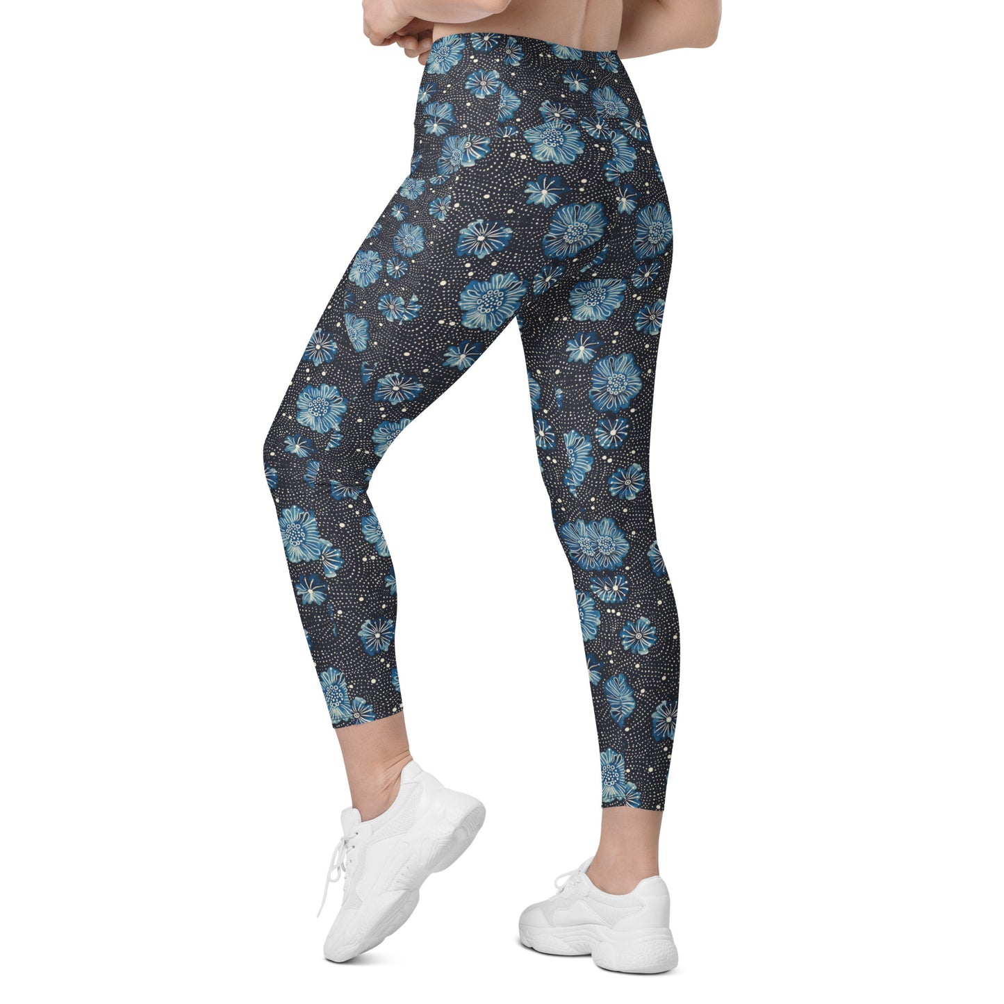 Aqua Florettes on Navy - Crossover leggings with pockets