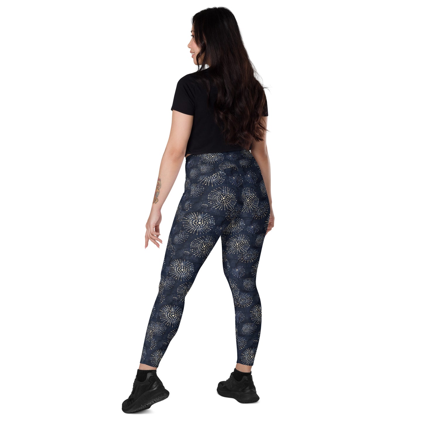 White Florettes on Navy - Crossover leggings with pockets