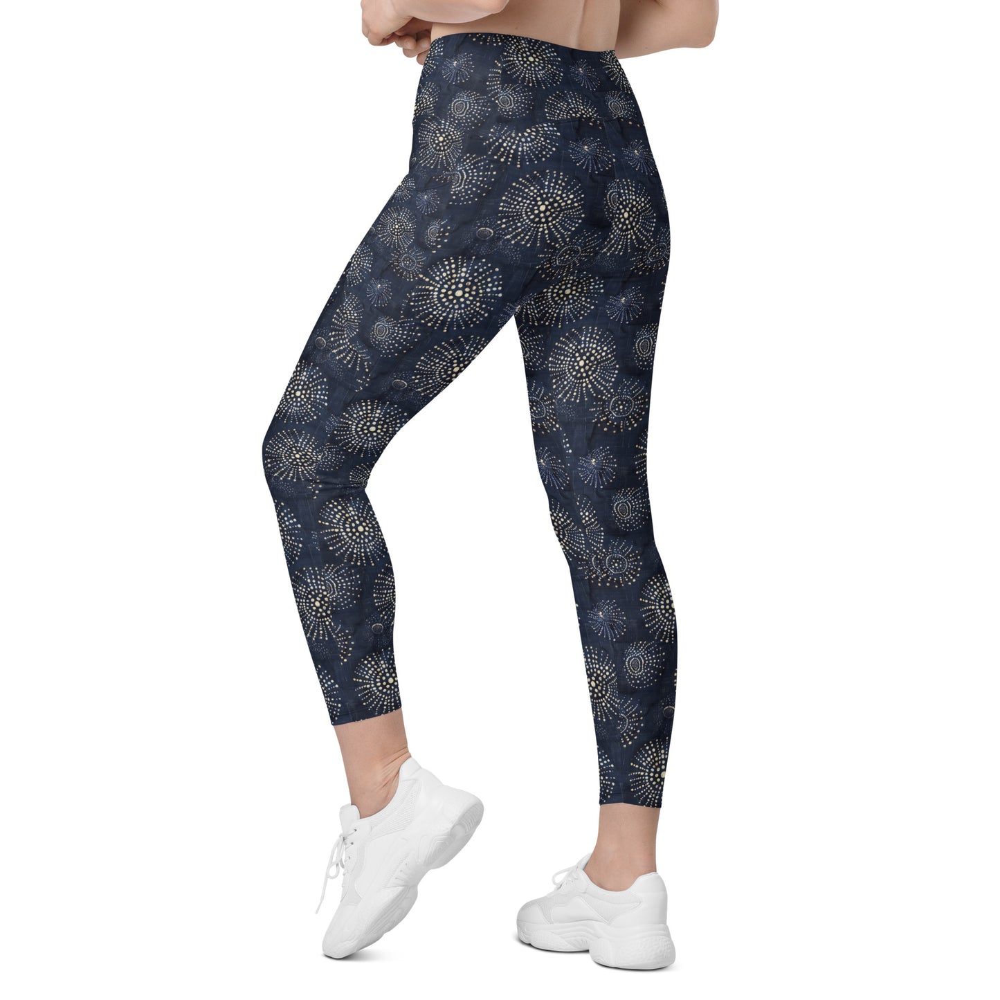 White Florettes on Navy - Crossover leggings with pockets