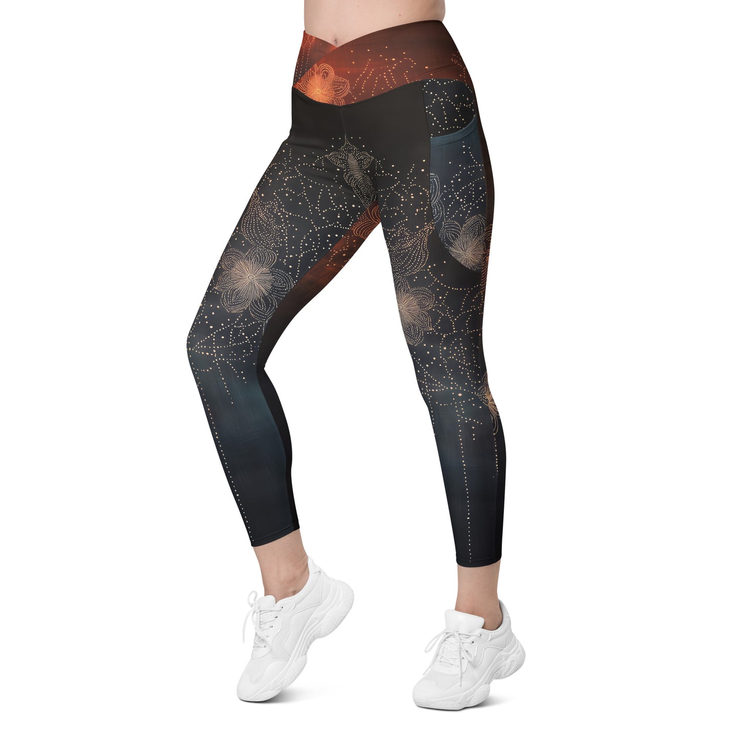 Pétalos sobre negro - Crossover leggings with pockets