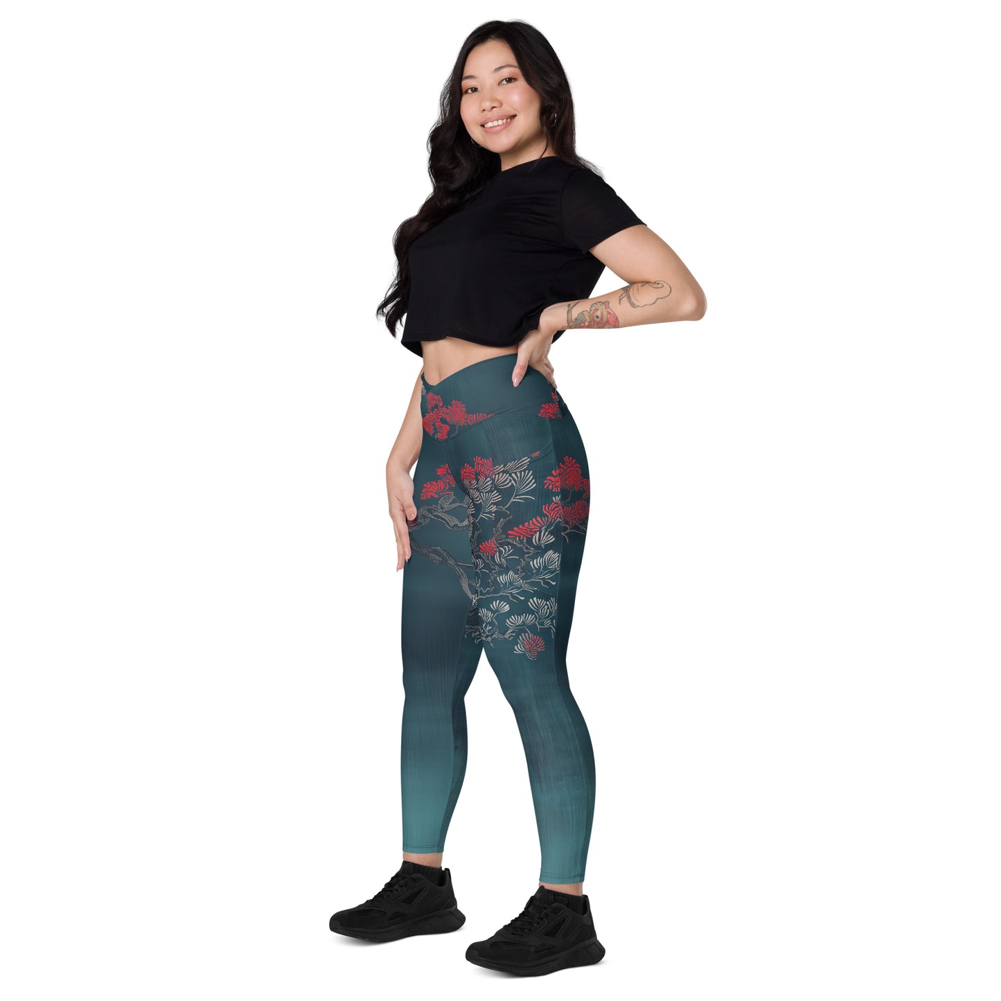 Sashiko Red Petals - Crossover leggings with pockets