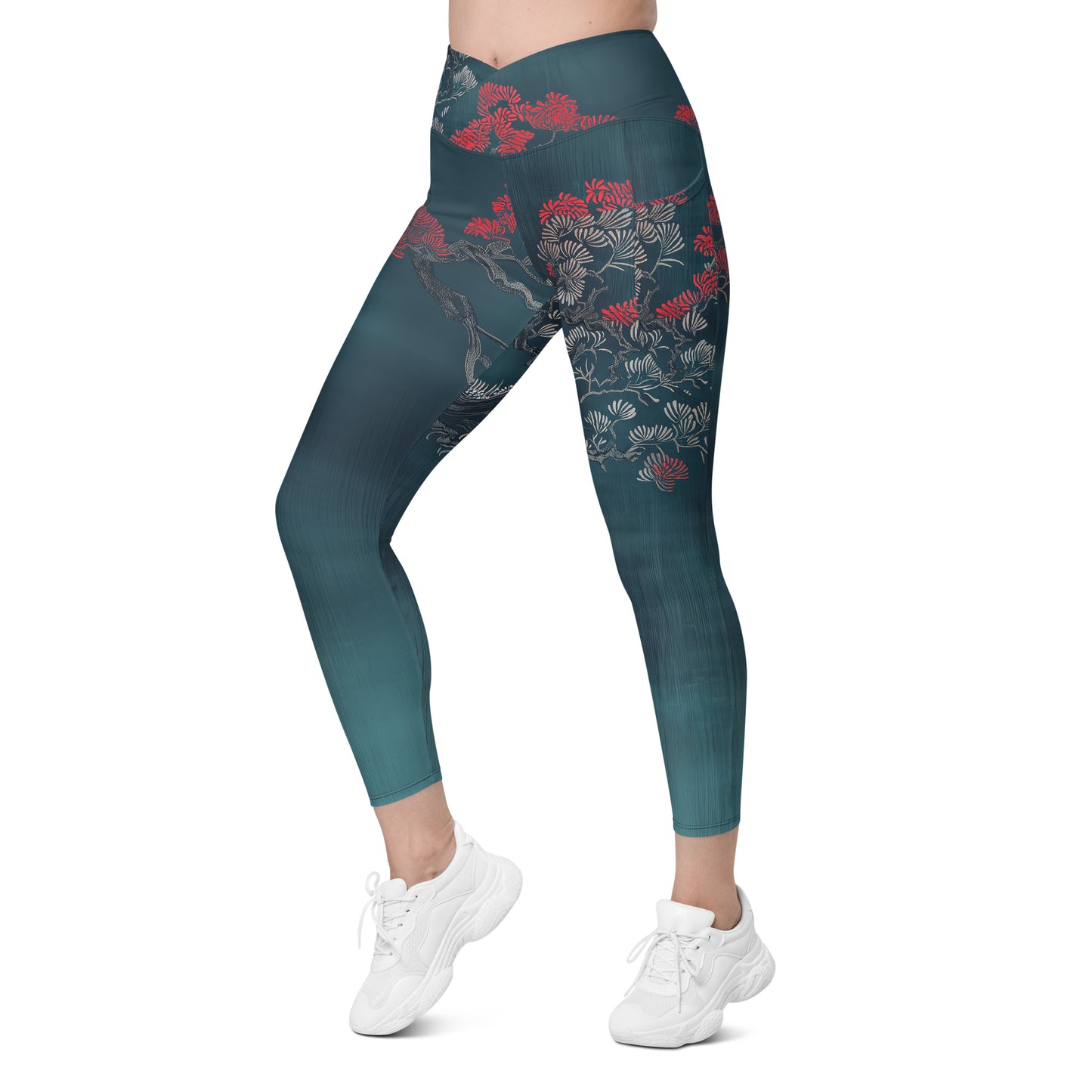 Sashiko Red Petals - Crossover leggings with pockets