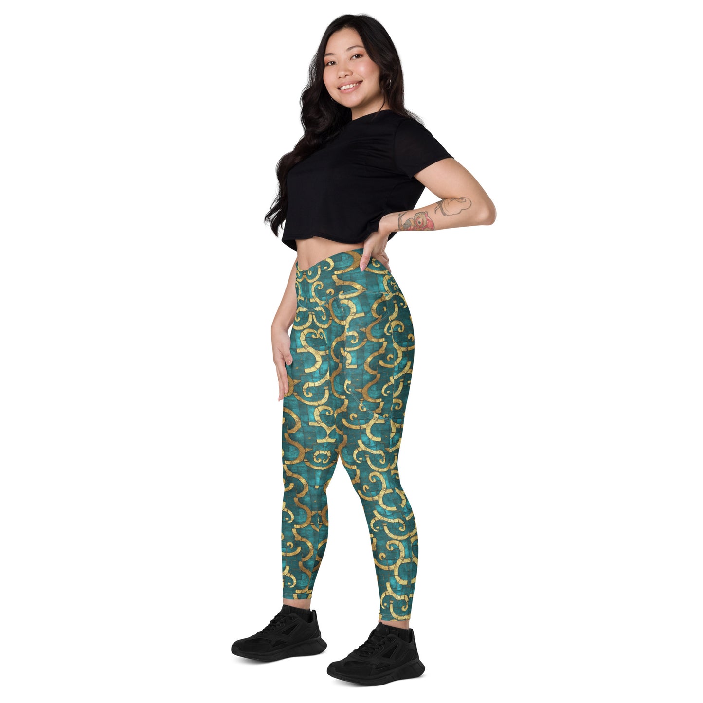 Grecian Turquoise and Gold - Crossover leggings with pockets