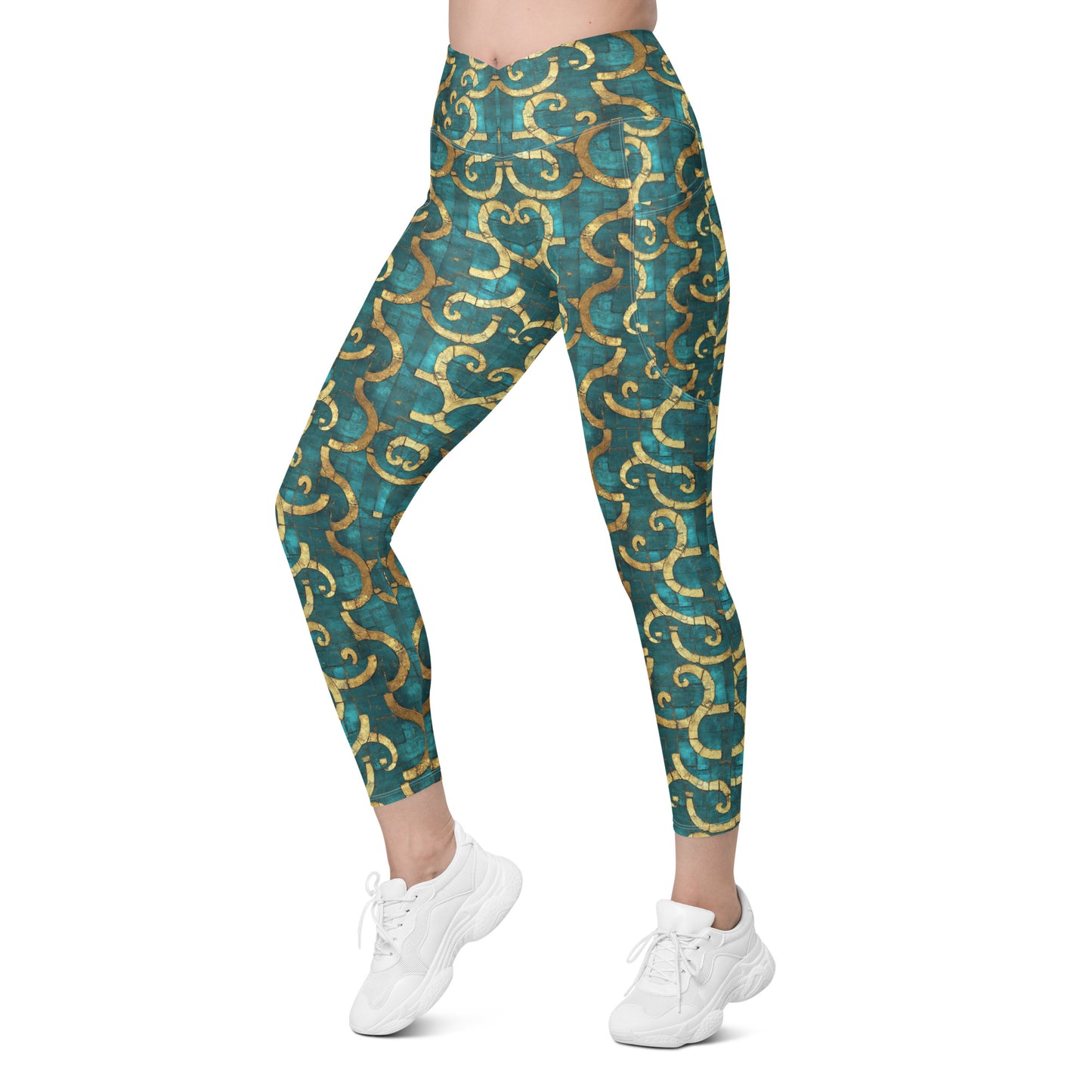 Grecian Turquoise and Gold - Crossover leggings with pockets