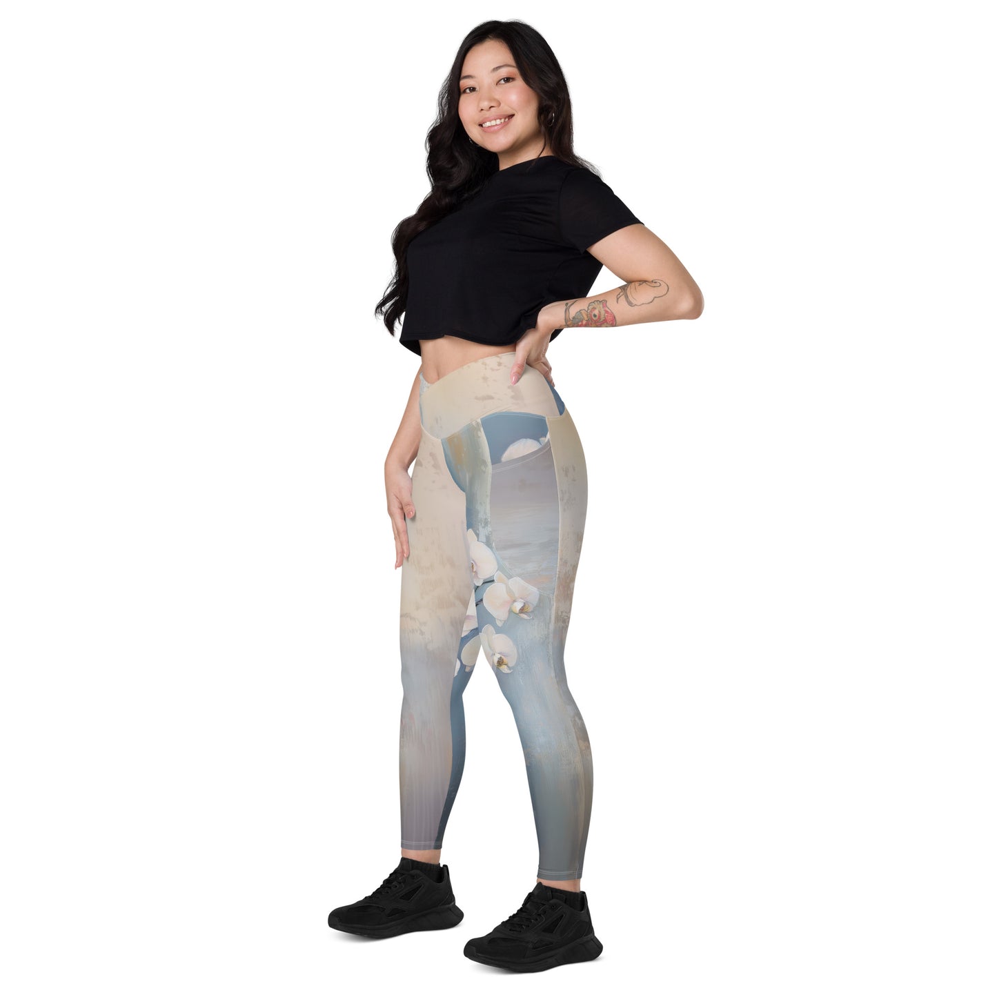 Impressionist White Orchids - Crossover leggings with pockets