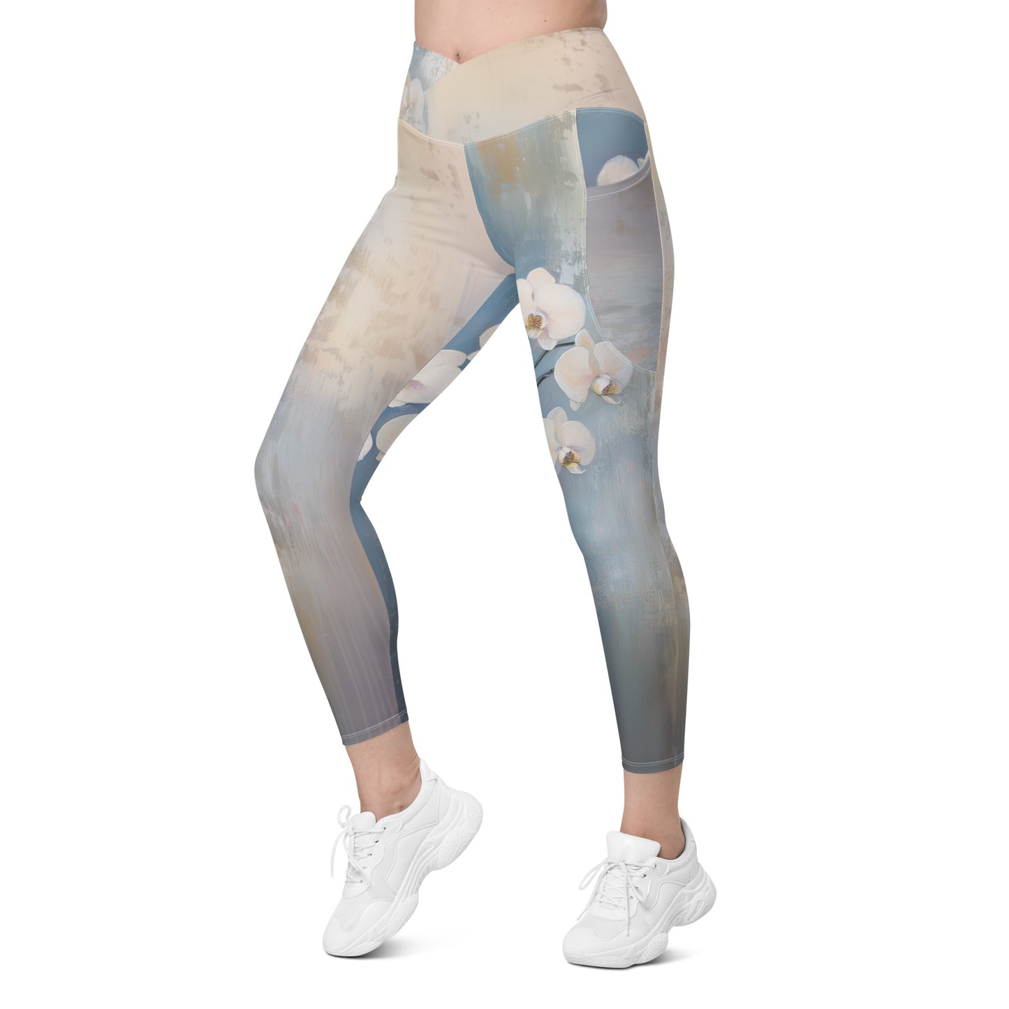 Impressionist White Orchids - Crossover leggings with pockets