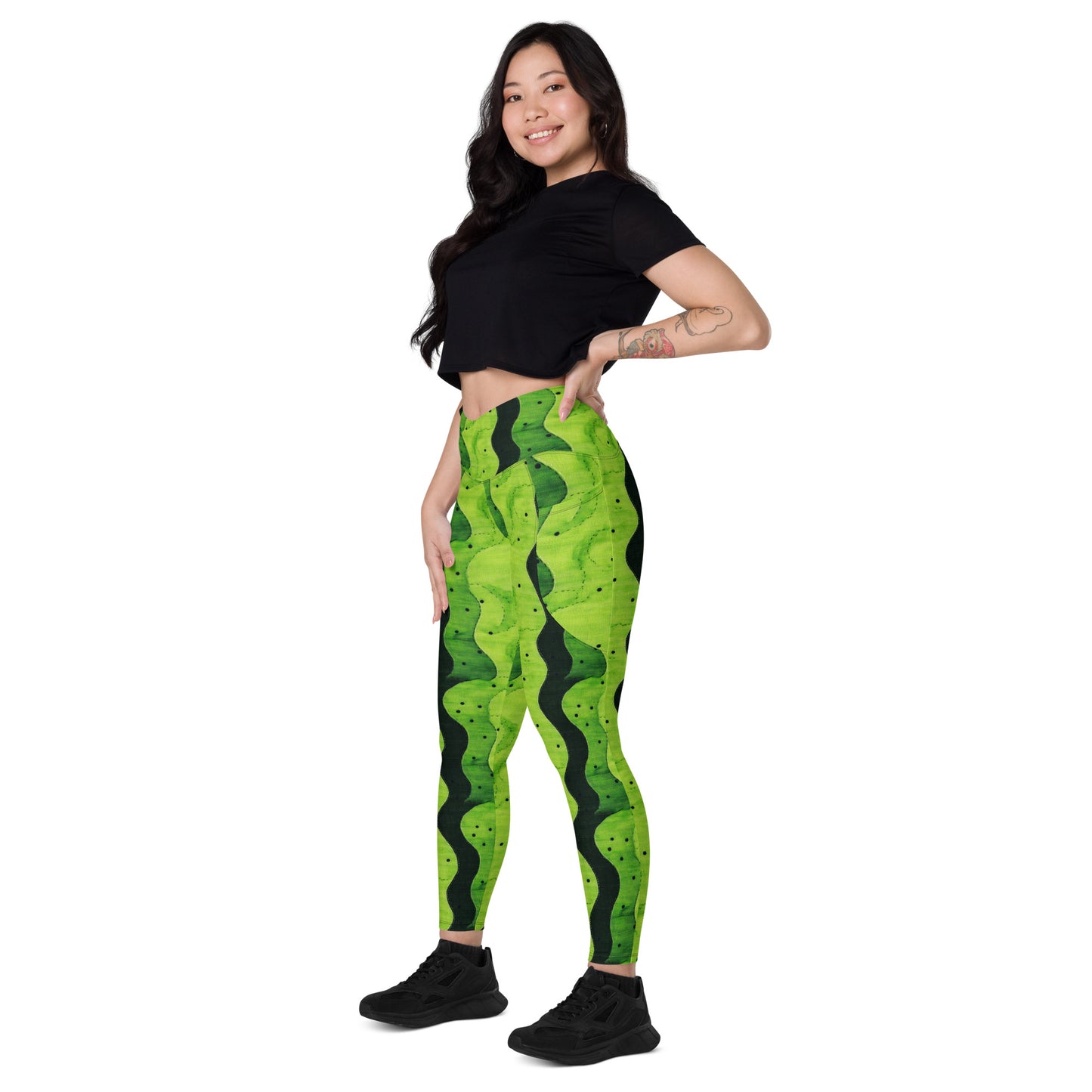 Lime Sashiko - Crossover leggings with pockets