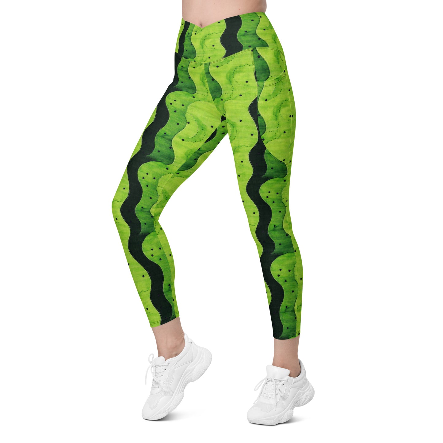 Lime Sashiko - Crossover leggings with pockets