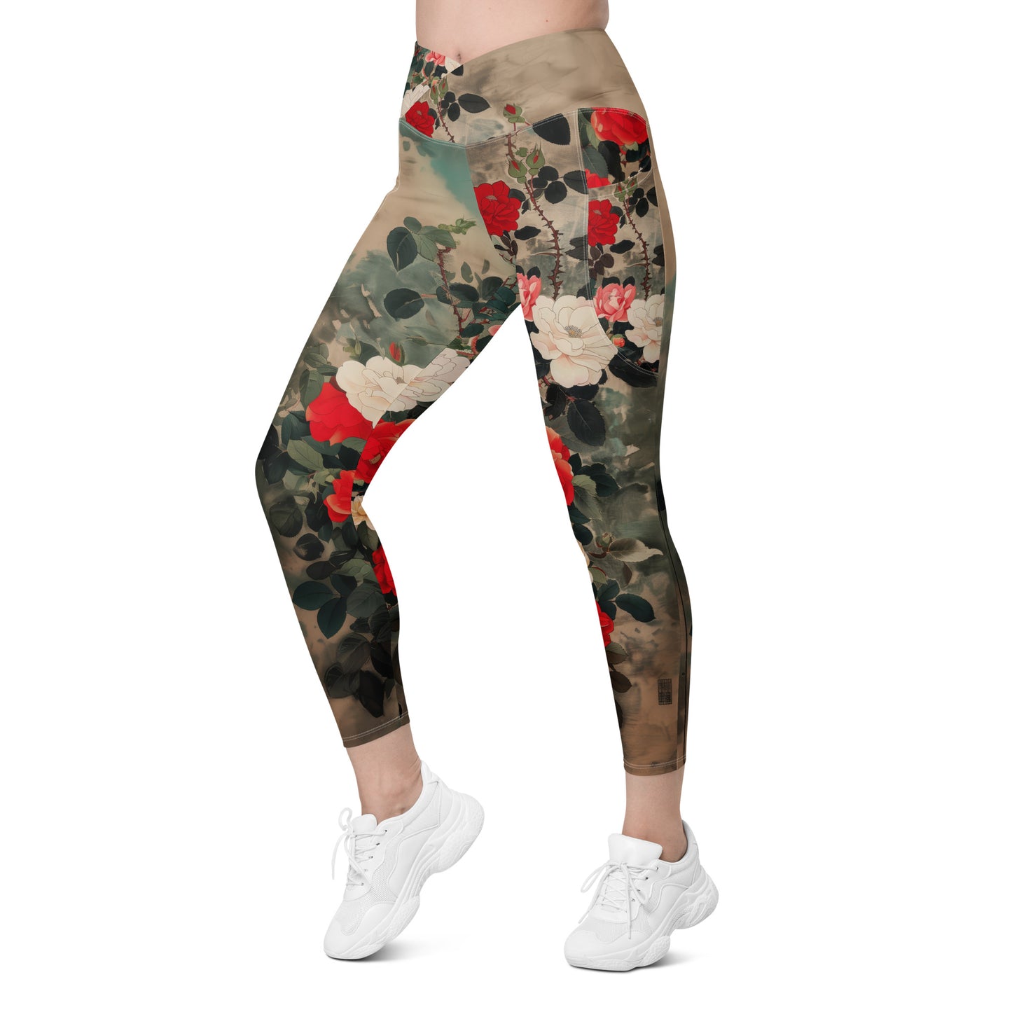 Red and White Roses - Crossover leggings with pockets