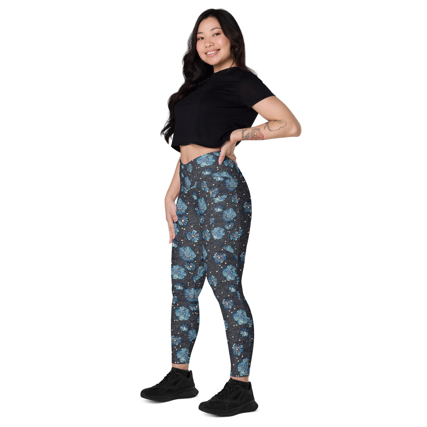 Aqua Florettes on Navy - Crossover leggings with pockets