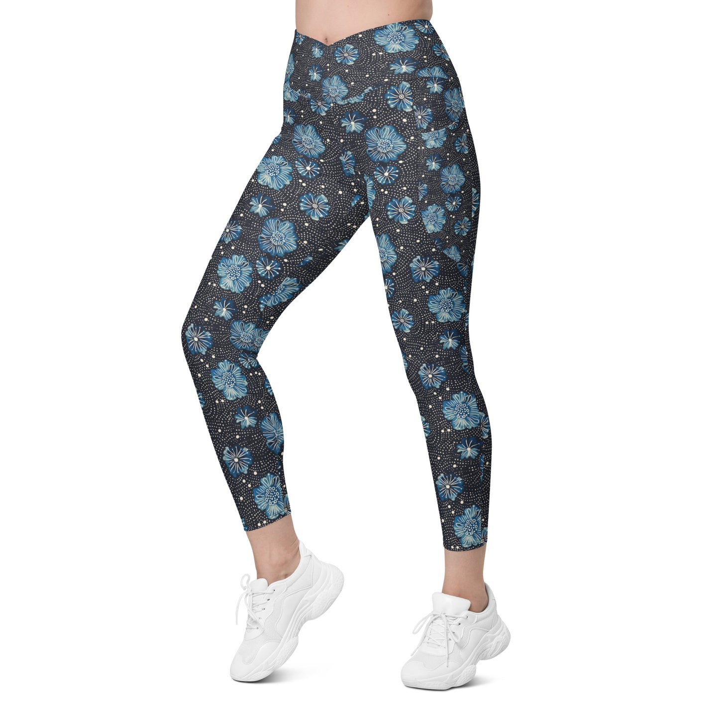 Aqua Florettes on Navy - Crossover leggings with pockets