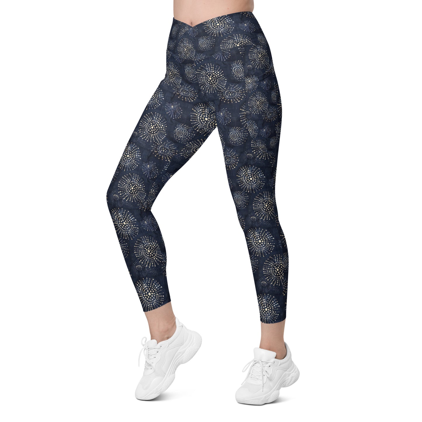 White Florettes on Navy - Crossover leggings with pockets