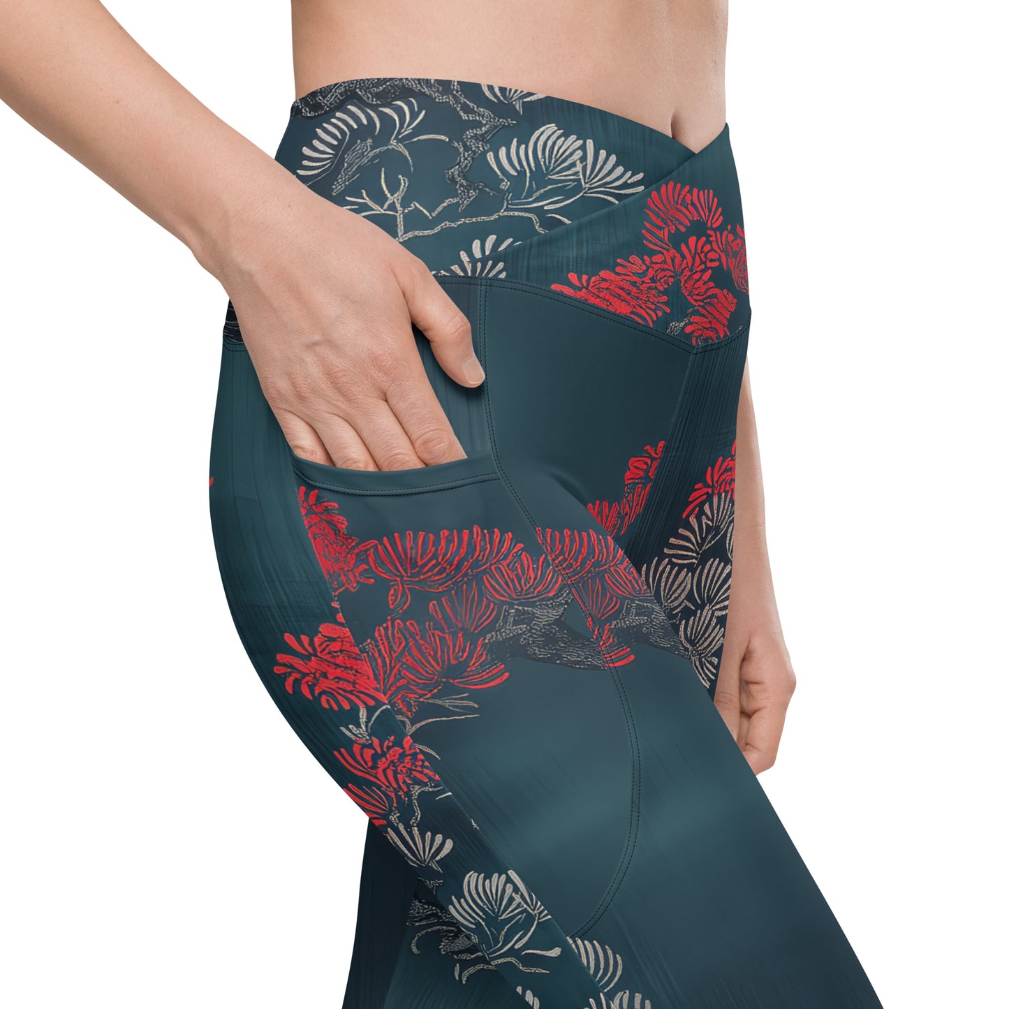 Sashiko Red Petals - Crossover leggings with pockets