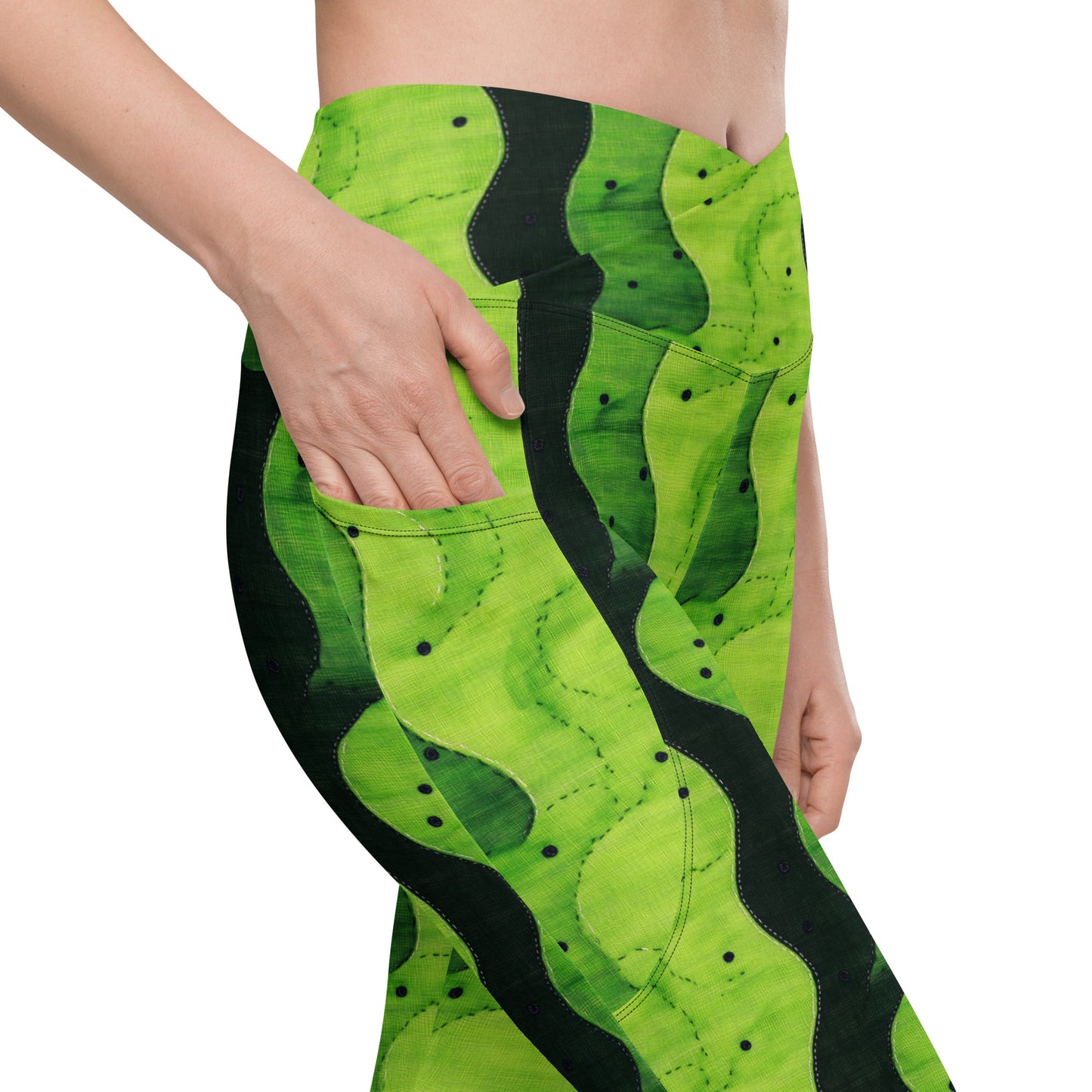 Lime Sashiko - Crossover leggings with pockets