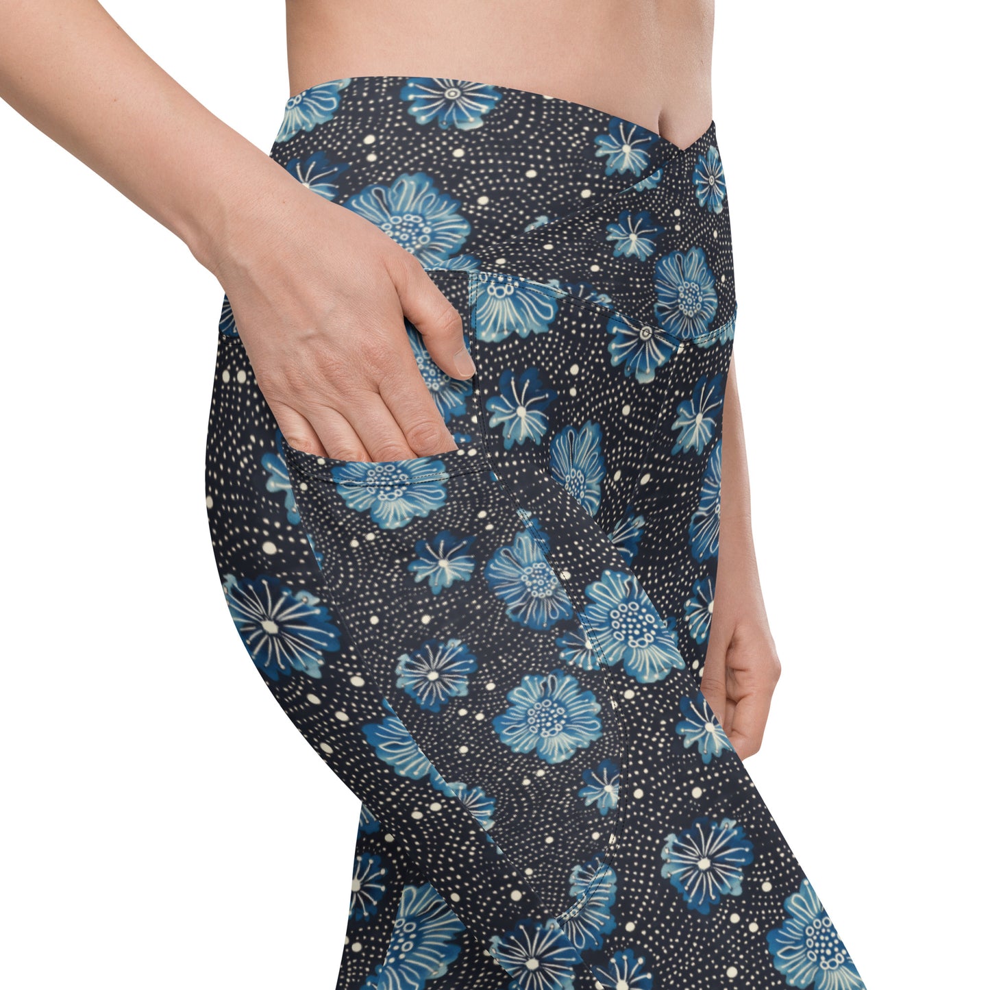 Aqua Florettes on Navy - Crossover leggings with pockets