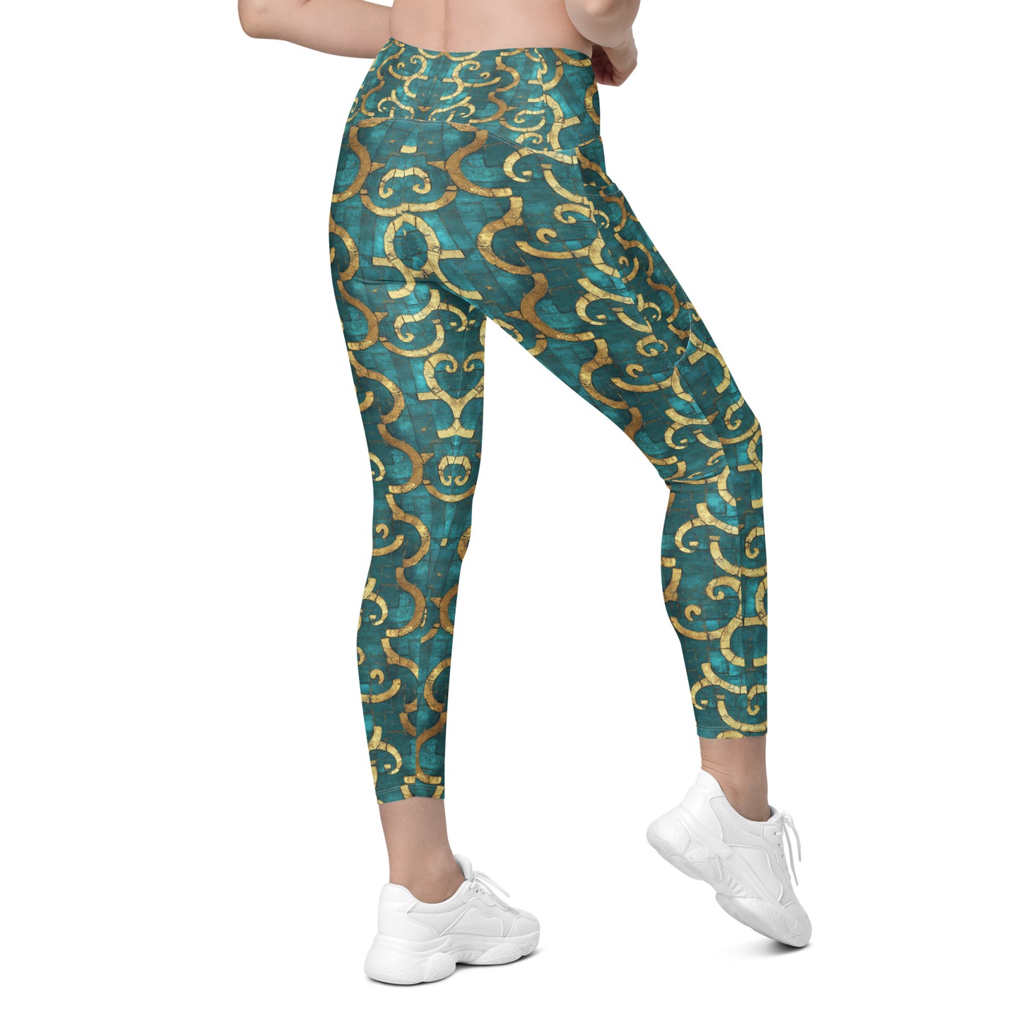 Grecian Turquoise and Gold - Crossover leggings with pockets