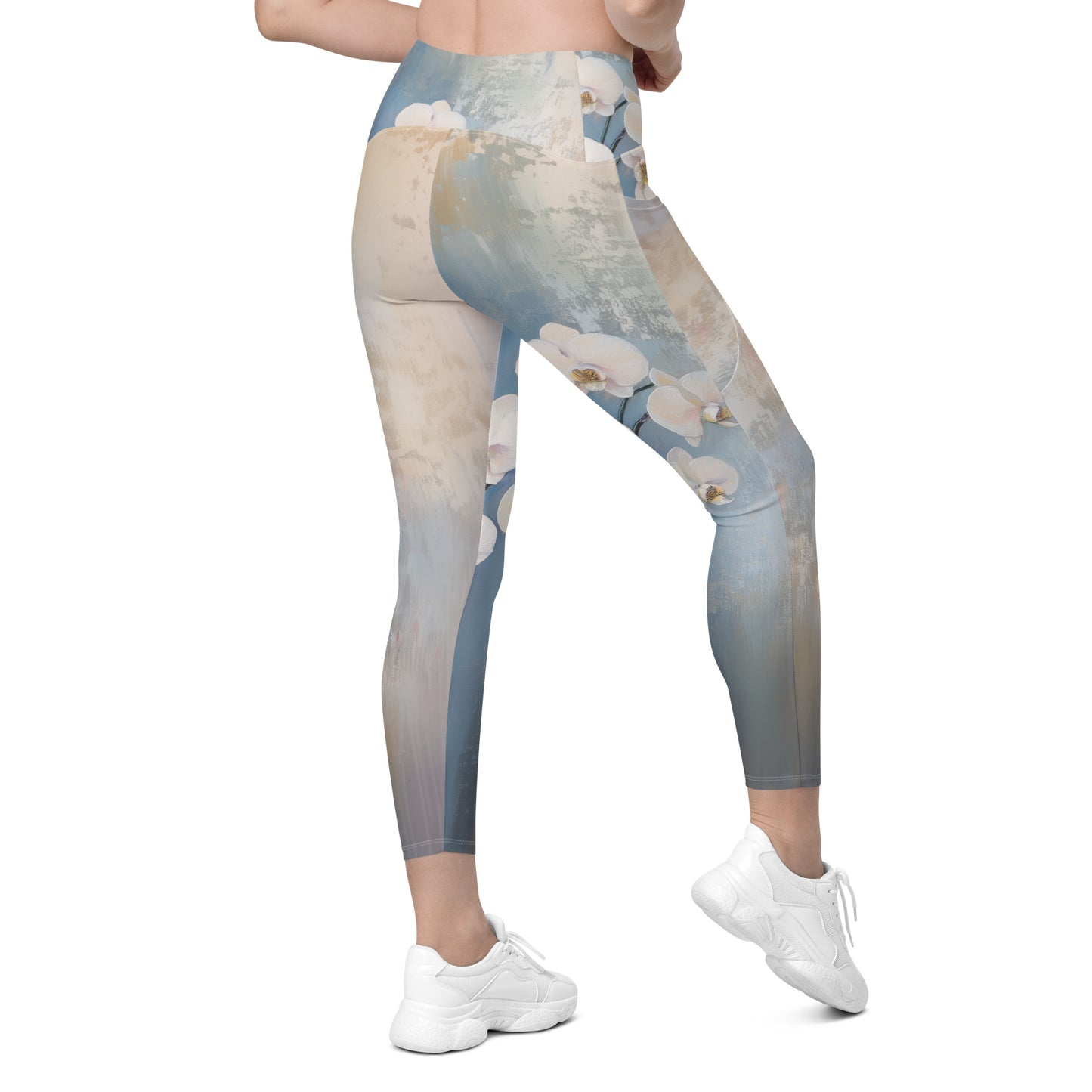 Impressionist White Orchids - Crossover leggings with pockets