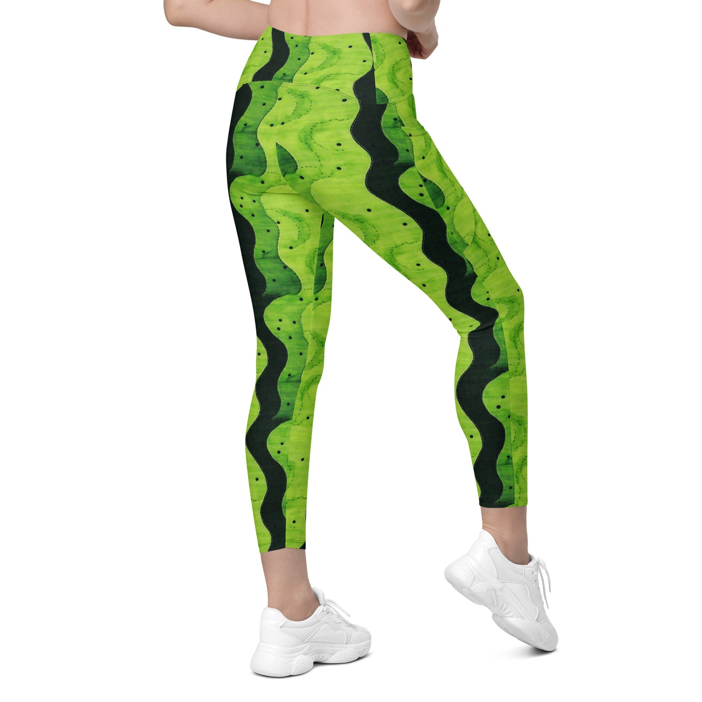 Lime Sashiko - Crossover leggings with pockets