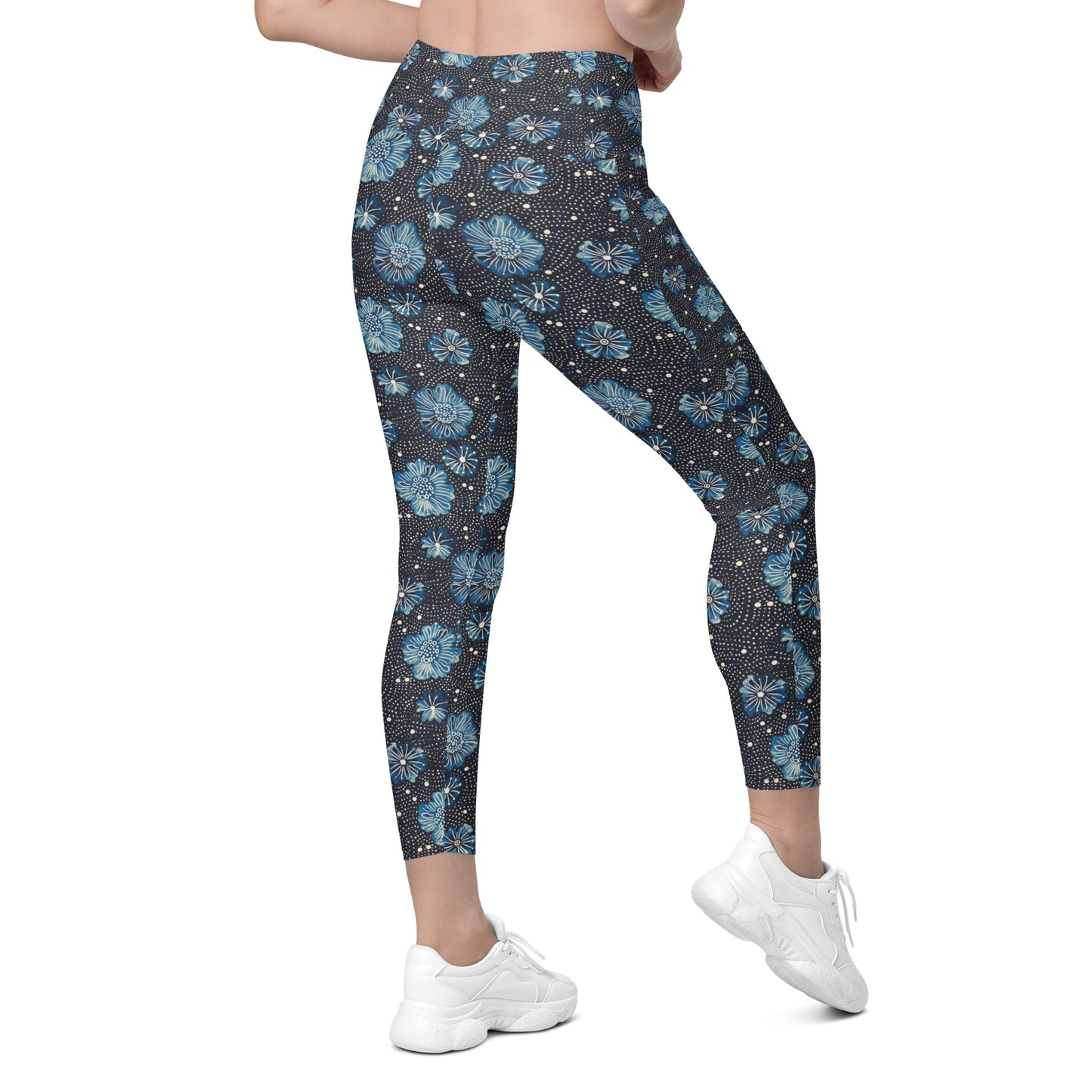 Aqua Florettes on Navy - Crossover leggings with pockets