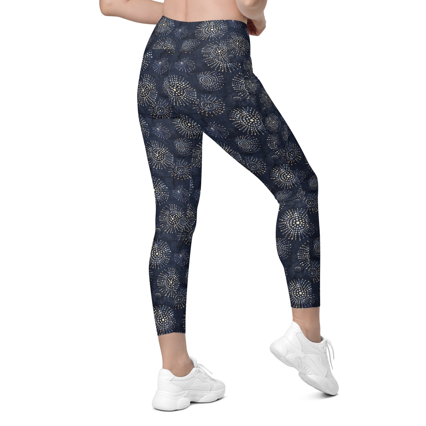 White Florettes on Navy - Crossover leggings with pockets