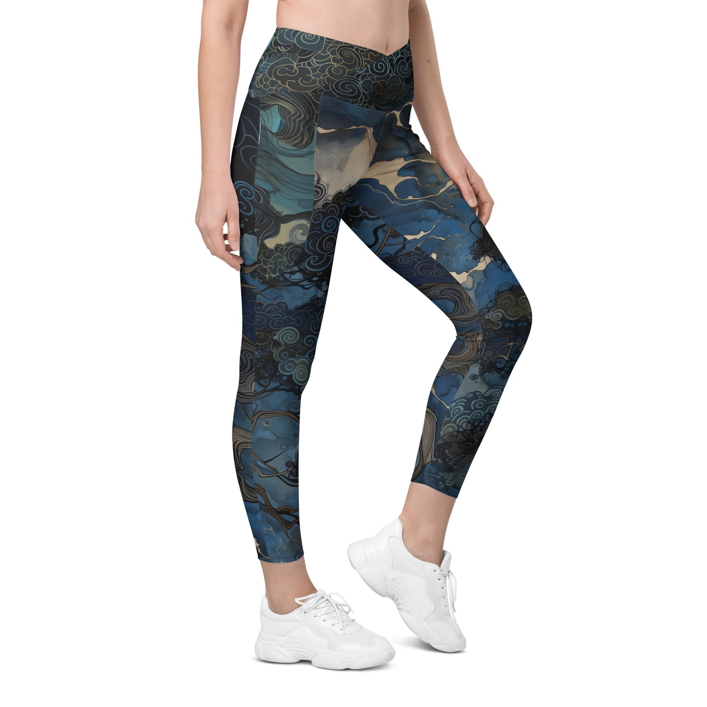 Folktale Fractal Pine Tree - Crossover leggings with pockets