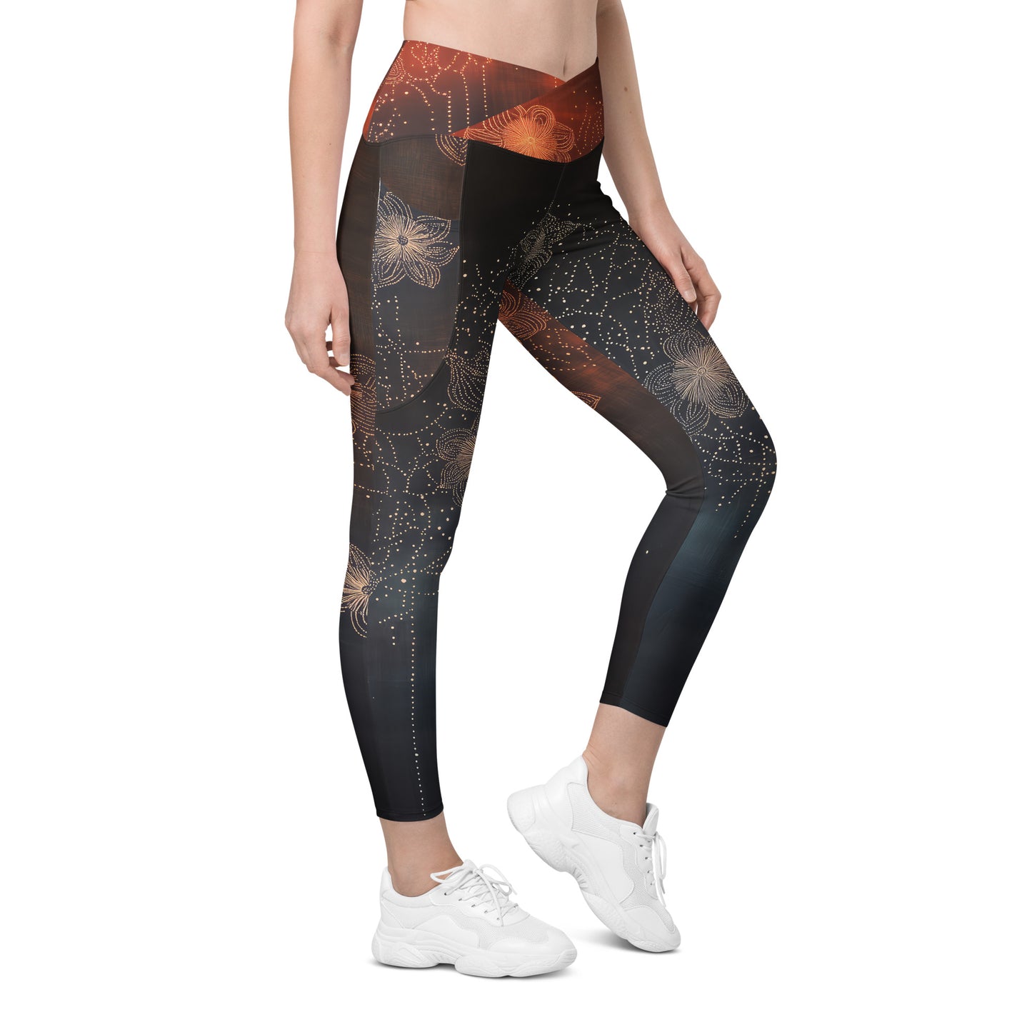 Pétalos sobre negro - Crossover leggings with pockets