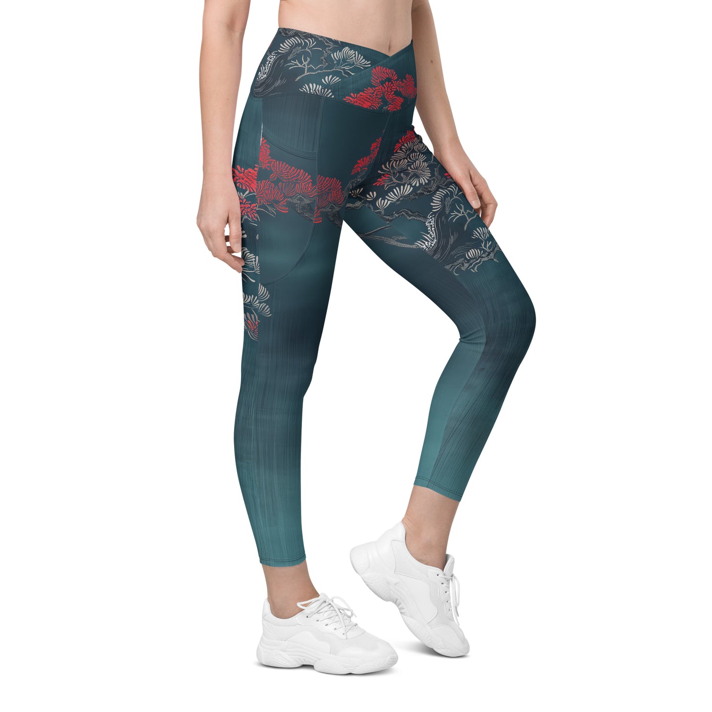 Sashiko Red Petals - Crossover leggings with pockets