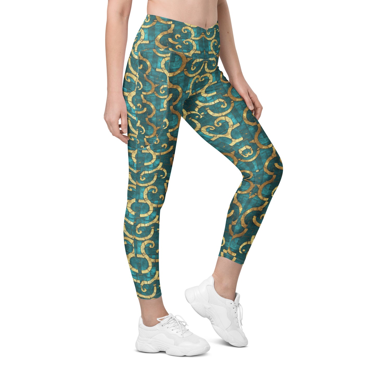 Grecian Turquoise and Gold - Crossover leggings with pockets