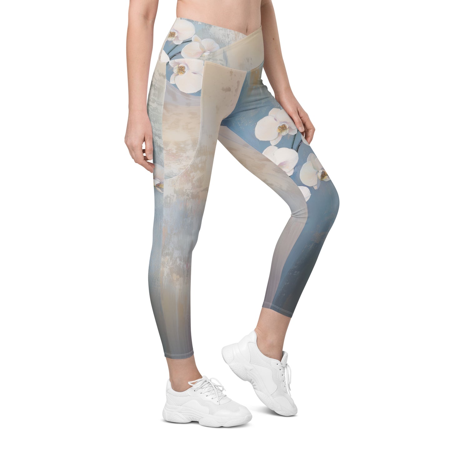 Impressionist White Orchids - Crossover leggings with pockets