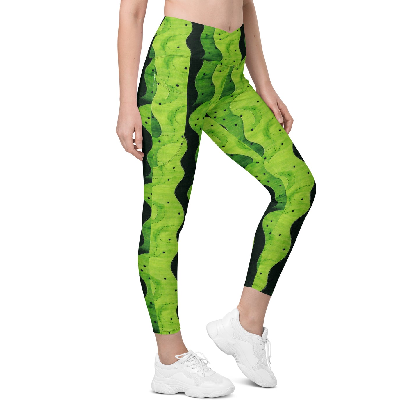 Lime Sashiko - Crossover leggings with pockets