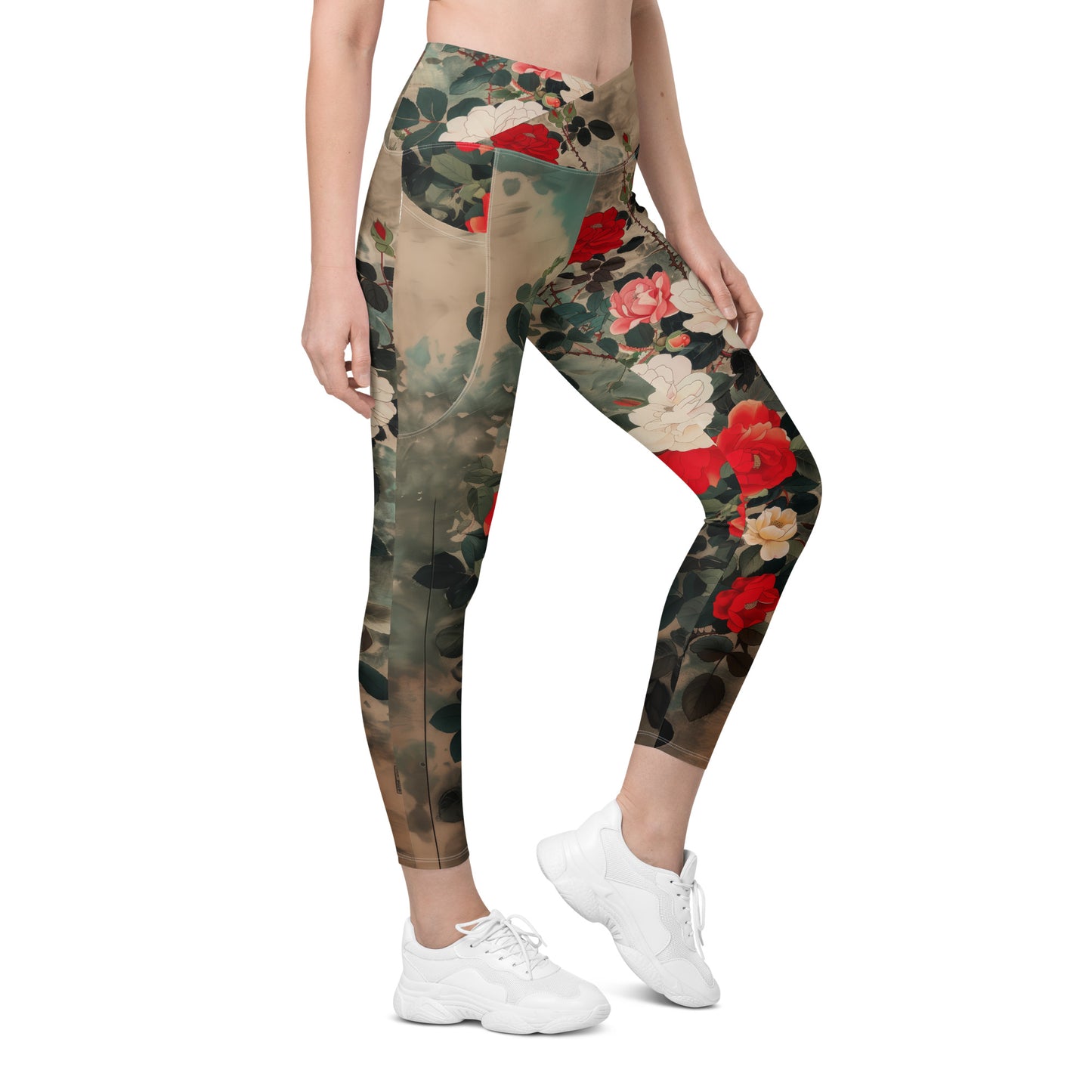 Red and White Roses - Crossover leggings with pockets