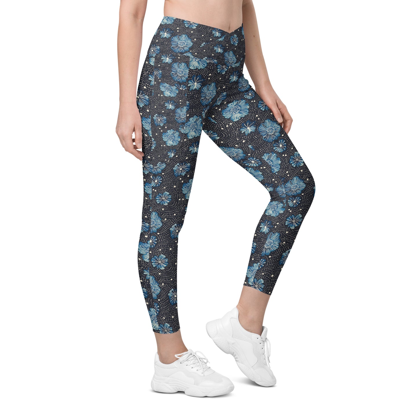 Aqua Florettes on Navy - Crossover leggings with pockets