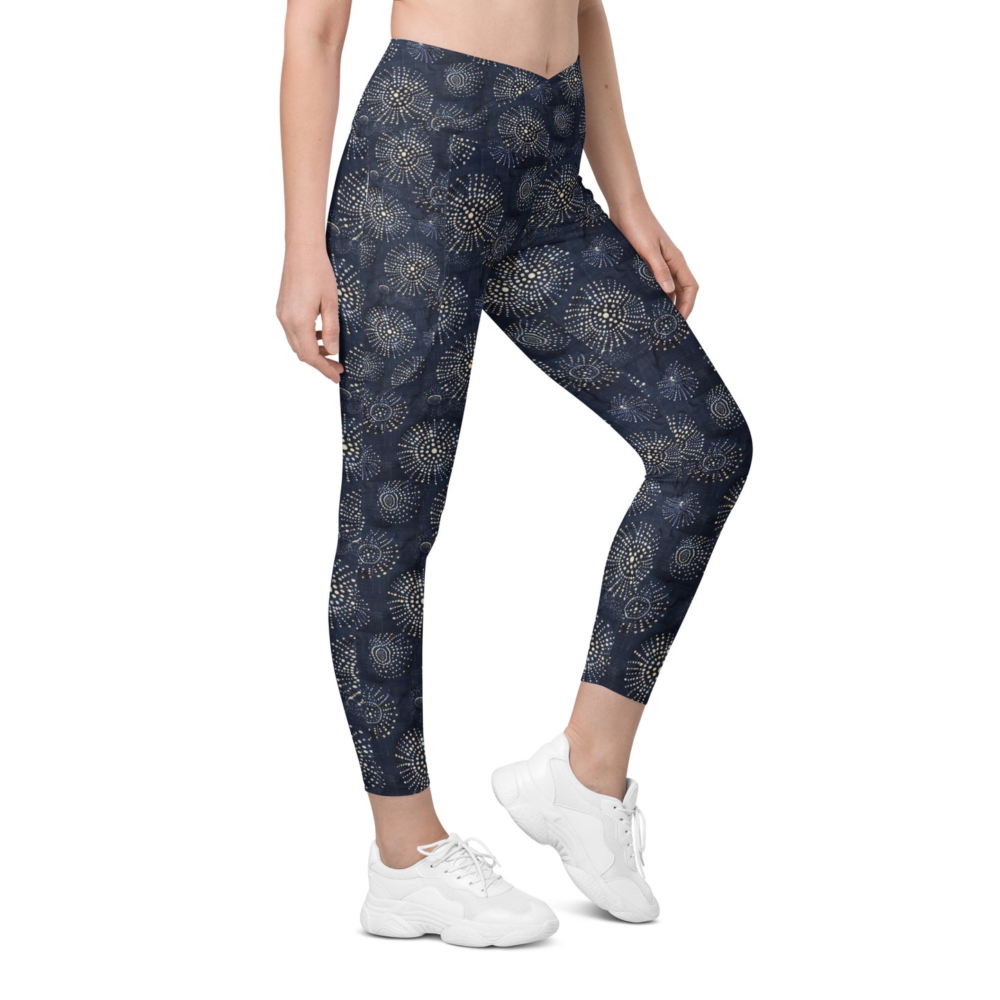 White Florettes on Navy - Crossover leggings with pockets