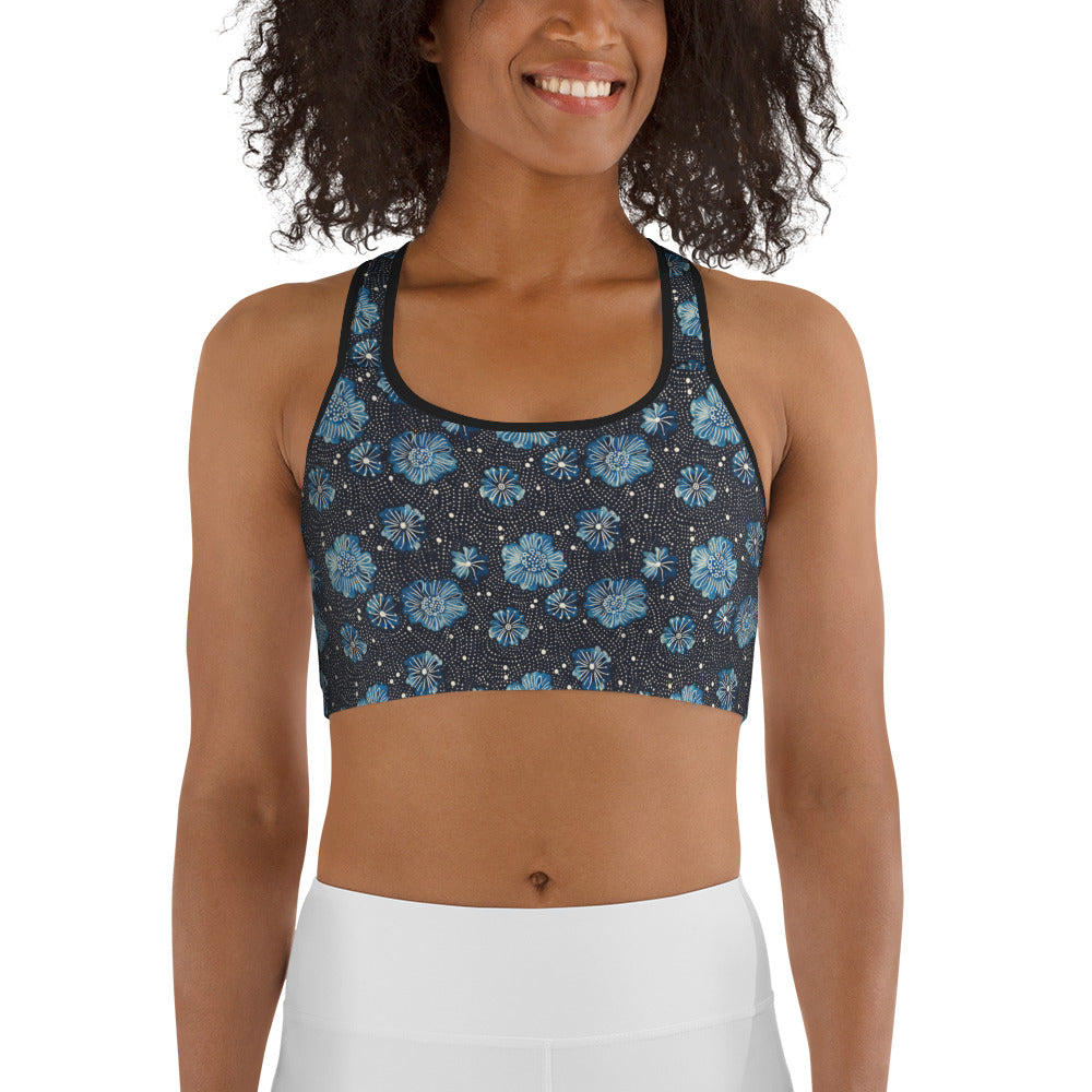 Aqua Florettes on Navy - Sports bra