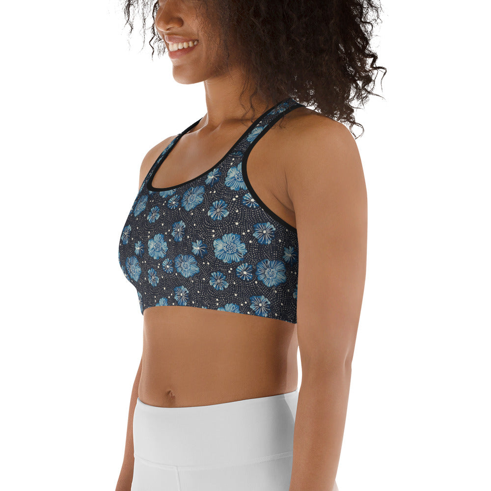 Aqua Florettes on Navy - Sports bra