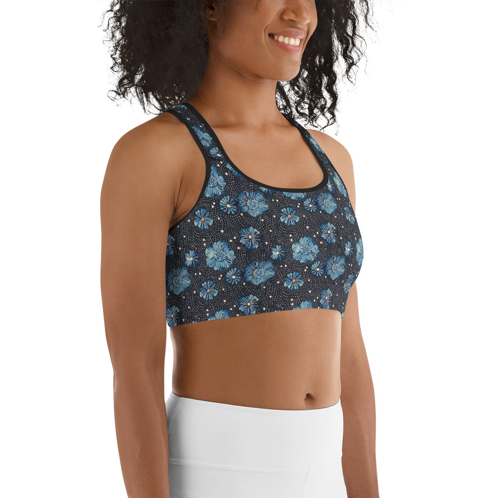 Aqua Florettes on Navy - Sports bra