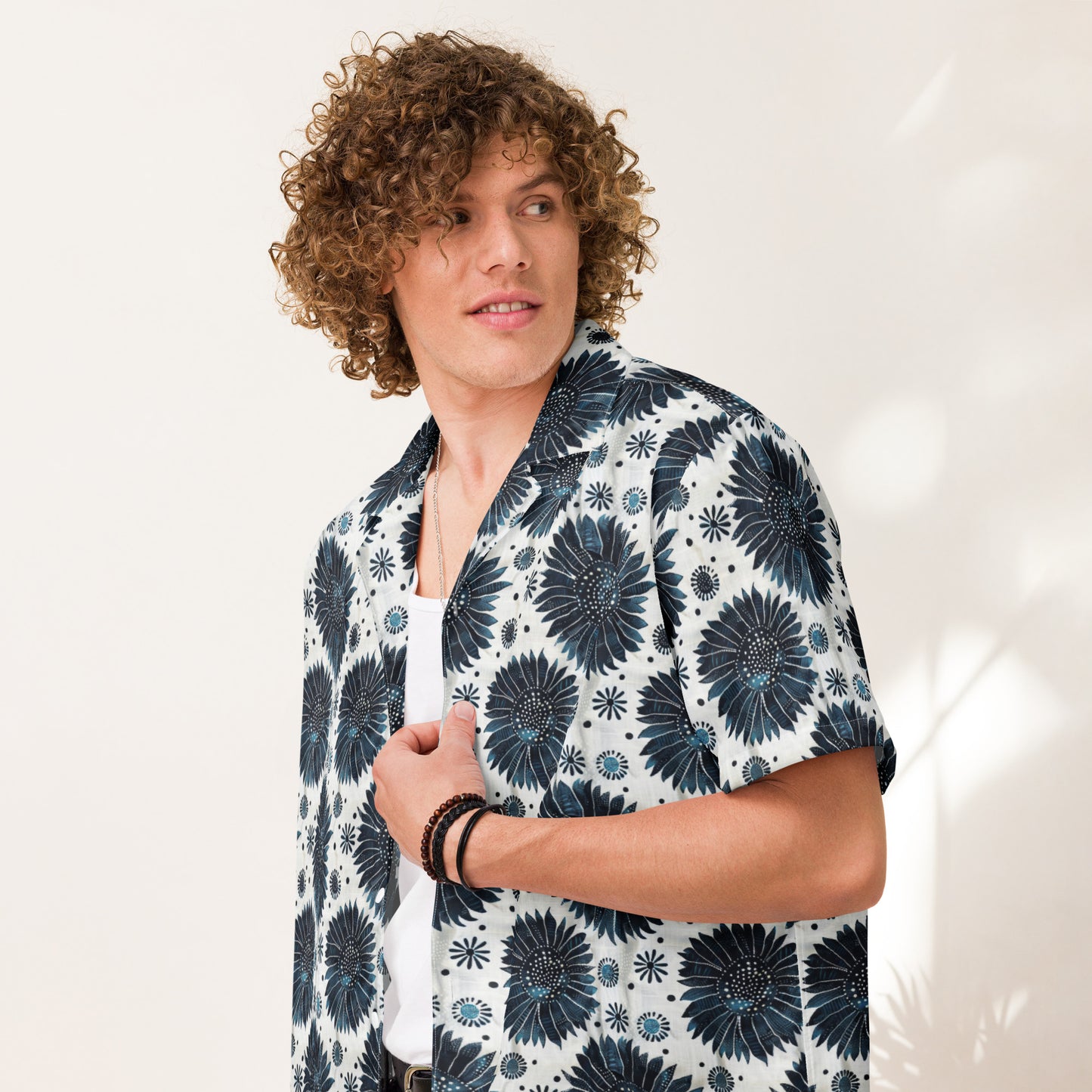 Aqua Flowers on White - Unisex button shirt