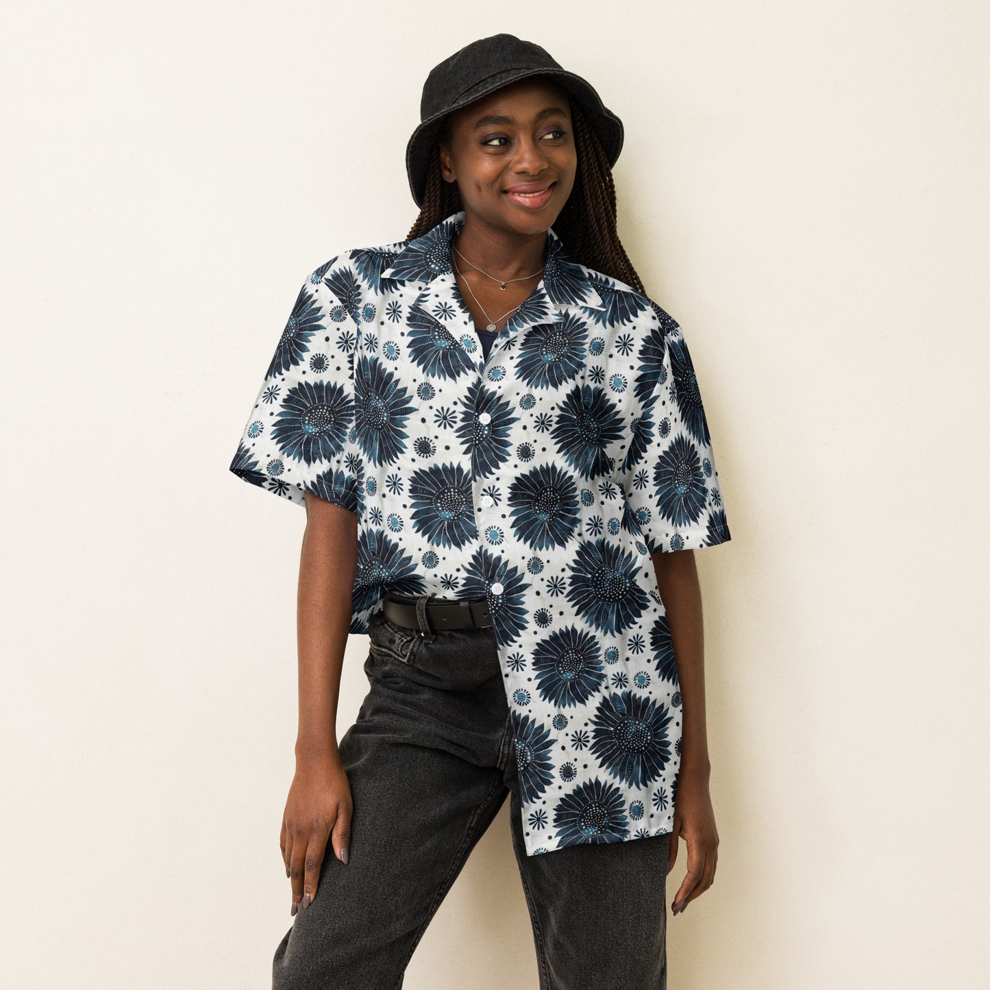 Aqua Flowers on White - Unisex button shirt