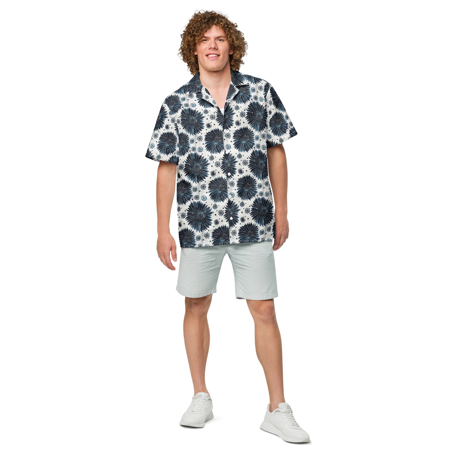 Aqua Flowers on White - Unisex button shirt