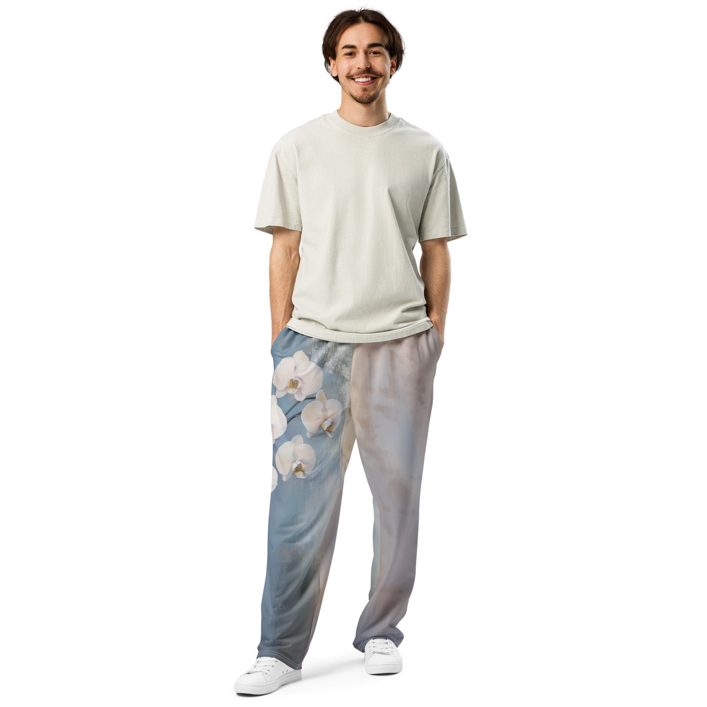 Impressionist White Orchids - Wide-leg joggers