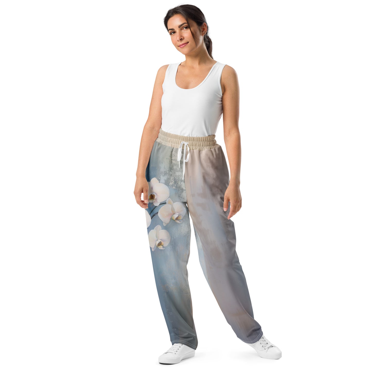 Impressionist White Orchids - Wide-leg joggers