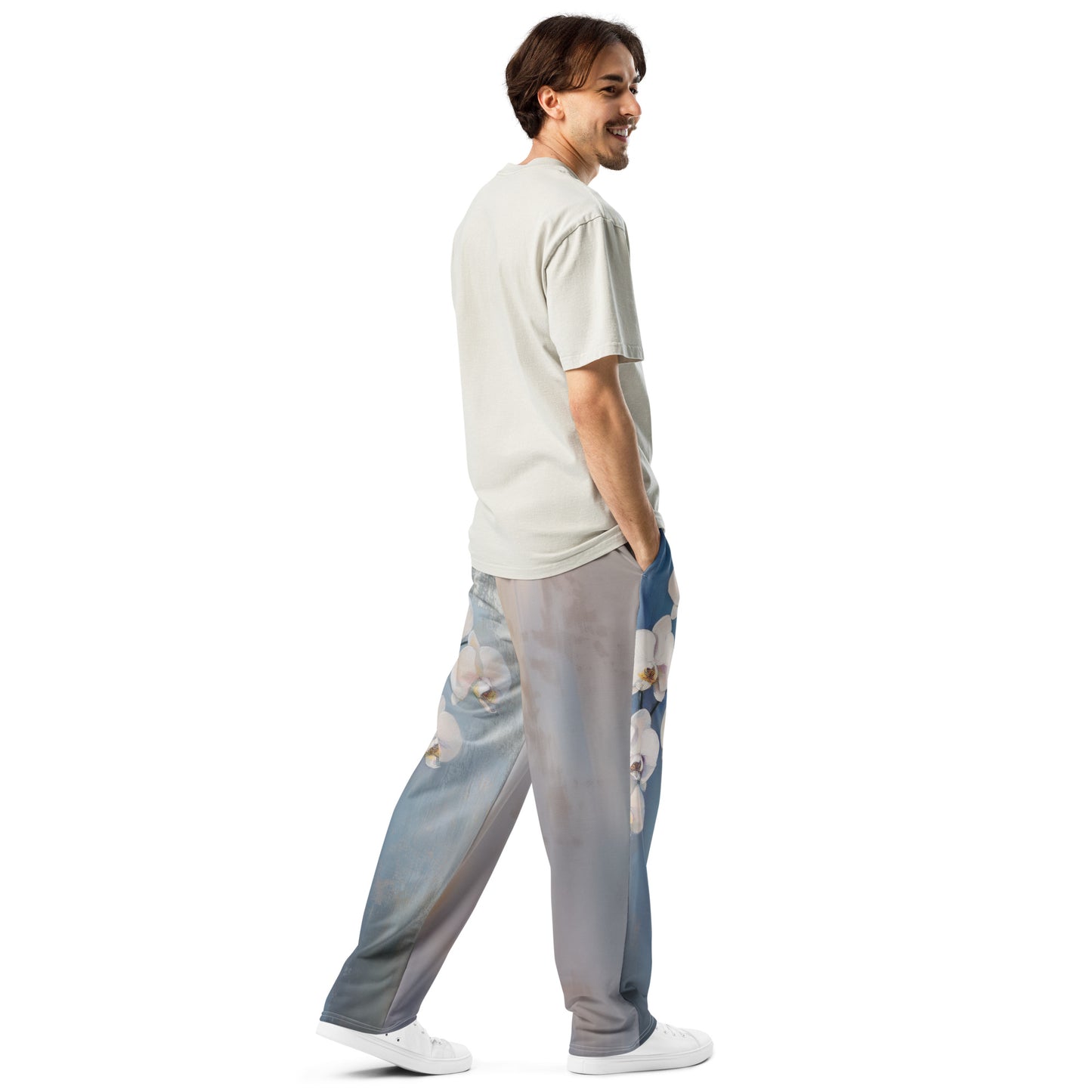 Impressionist White Orchids - Wide-leg joggers