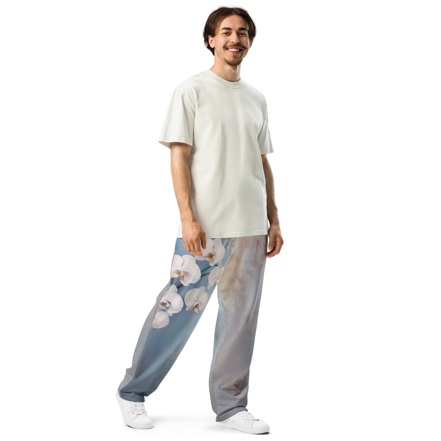 Impressionist White Orchids - Wide-leg joggers