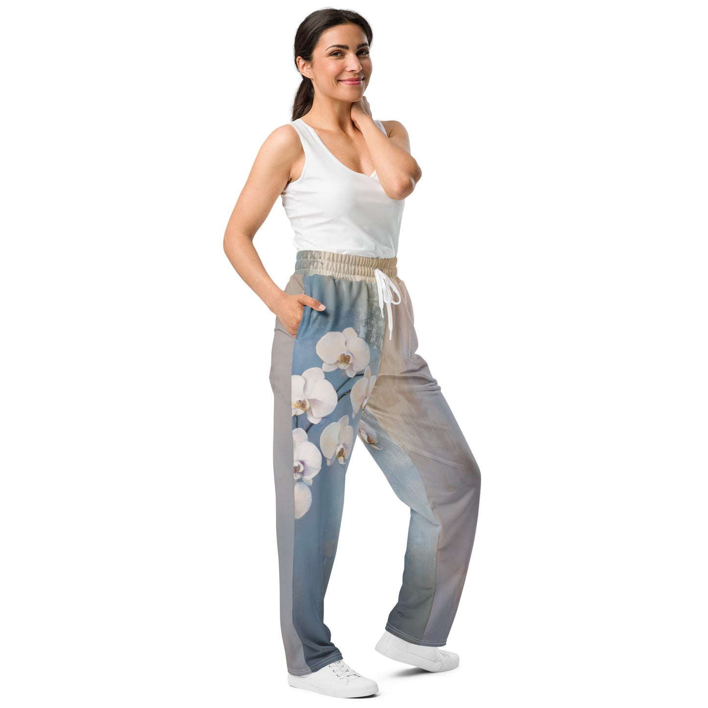 Impressionist White Orchids - Wide-leg joggers