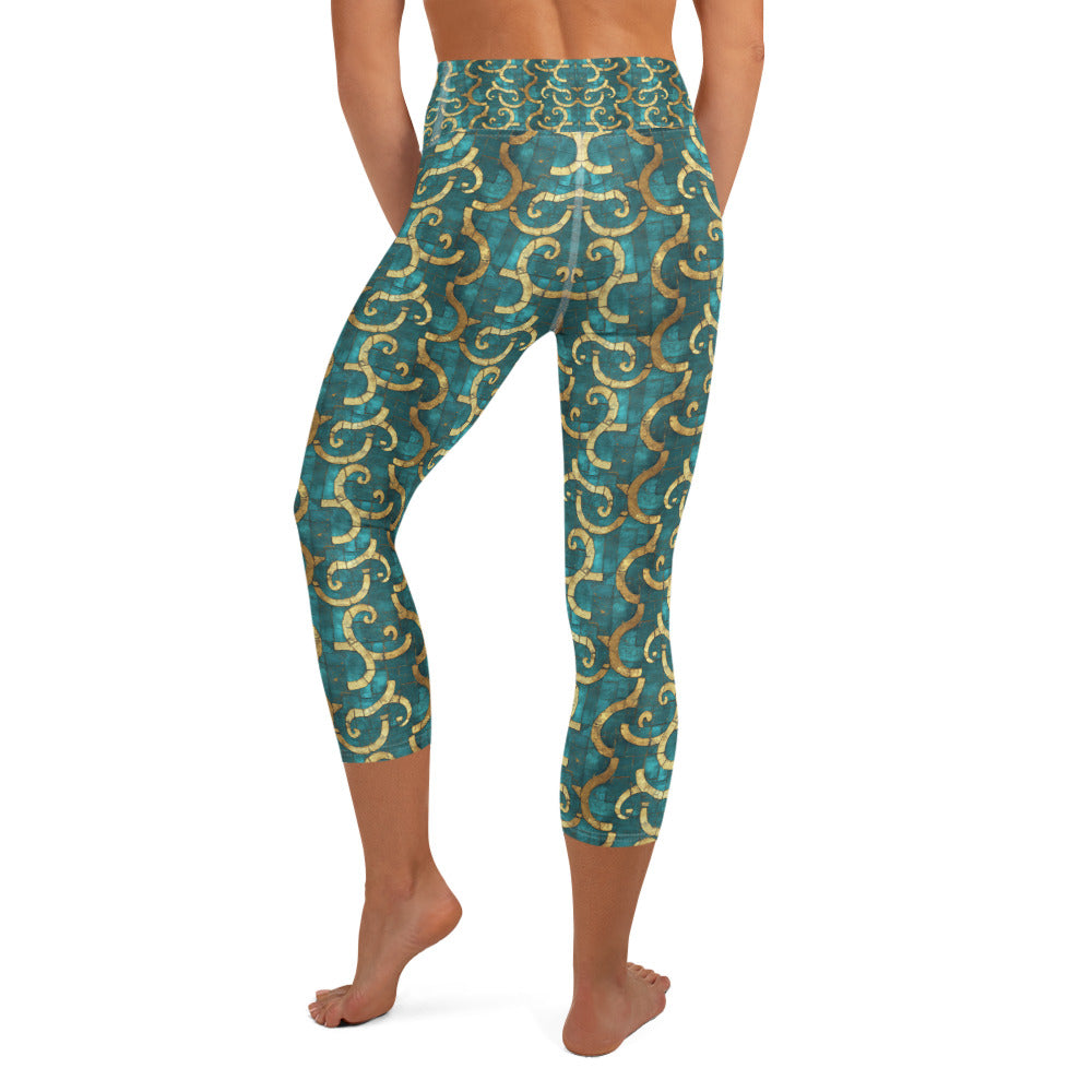 Grecian Turquoise and Gold - Yoga Capri Leggings