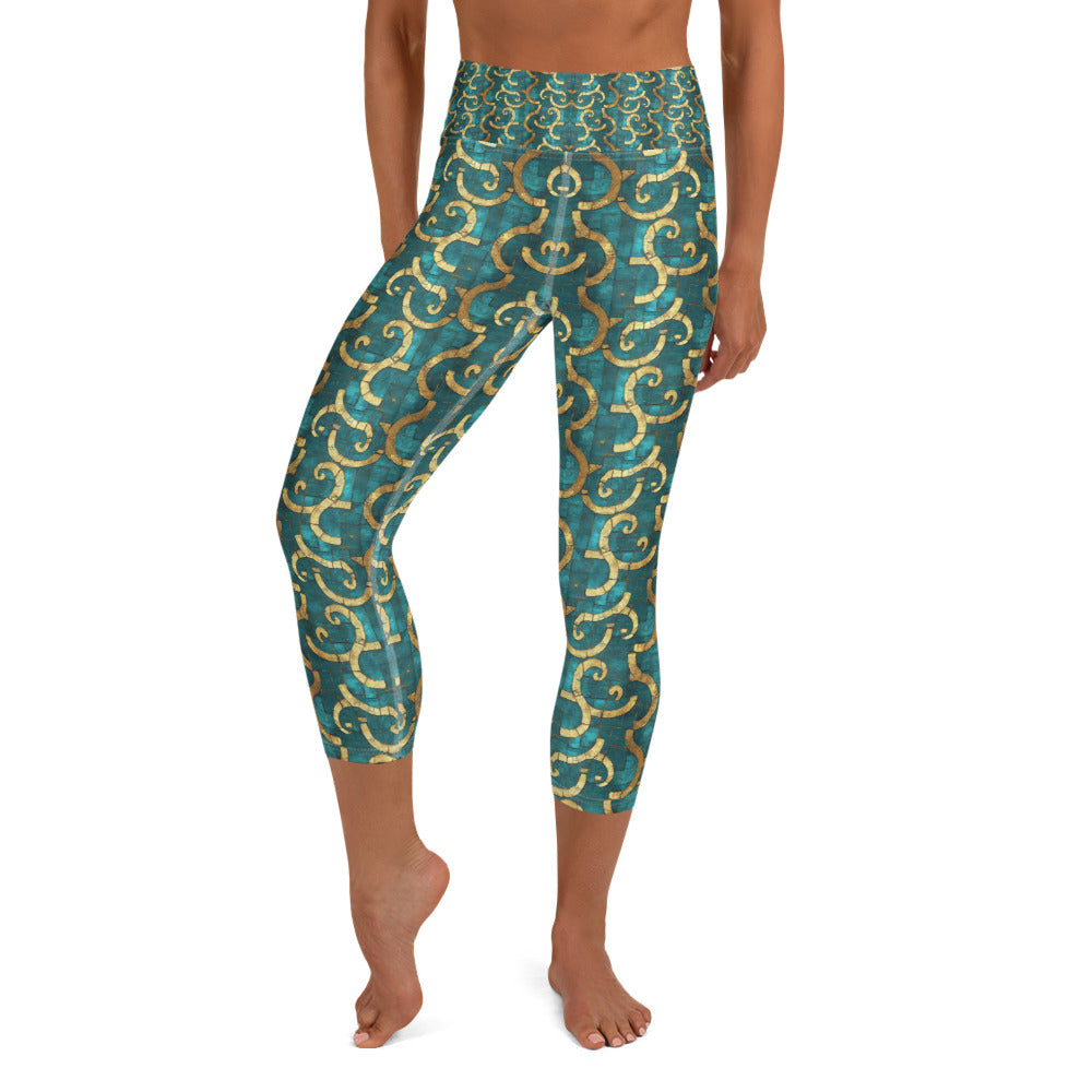 Grecian Turquoise and Gold - Yoga Capri Leggings