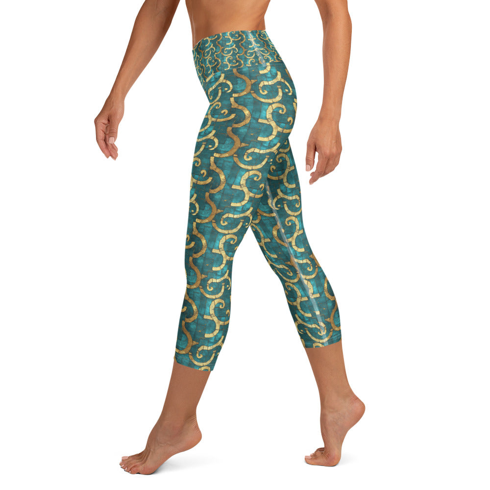 Grecian Turquoise and Gold - Yoga Capri Leggings